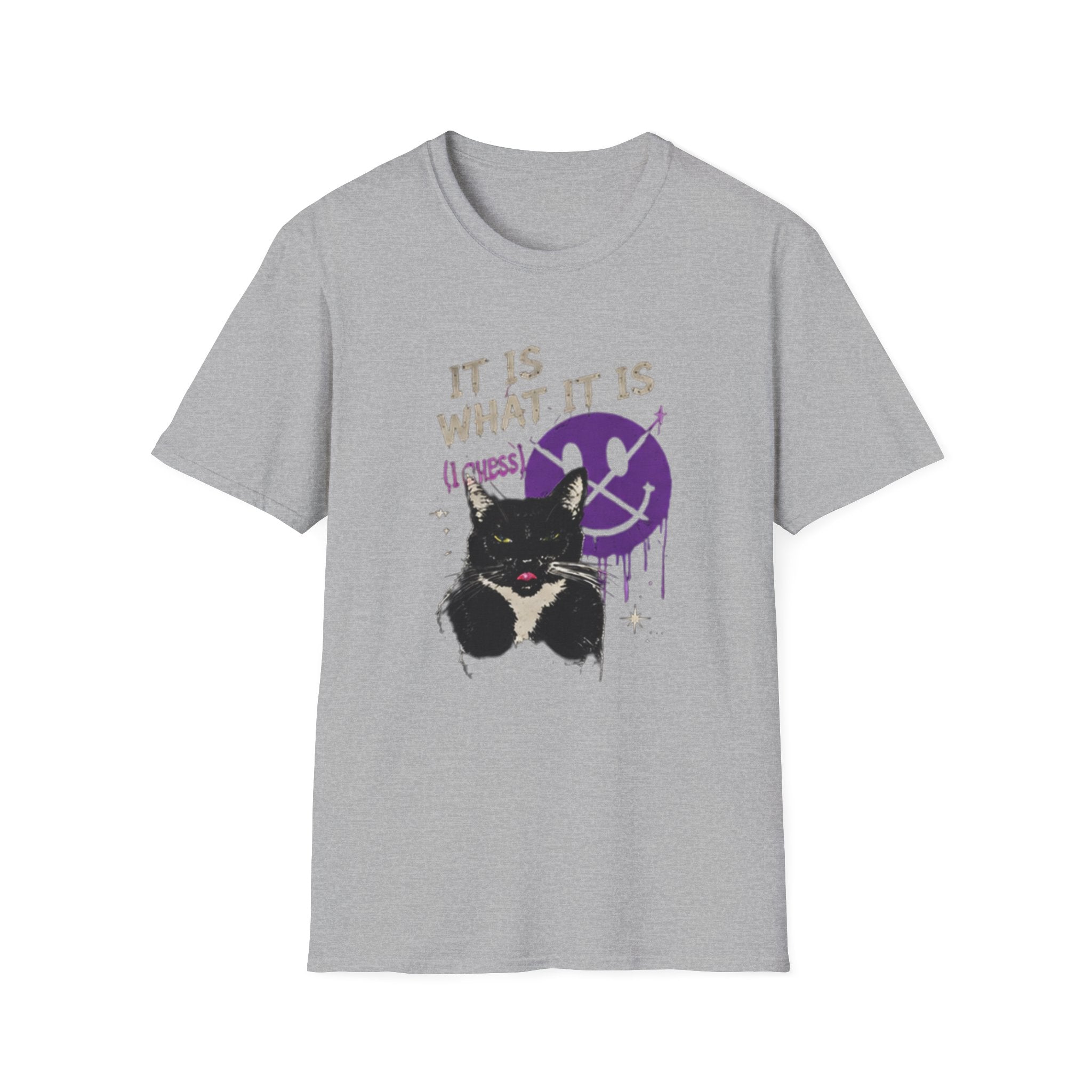 Grinning Black Cat with Purple Drip Smiley T-Shirt | It Is What It Is