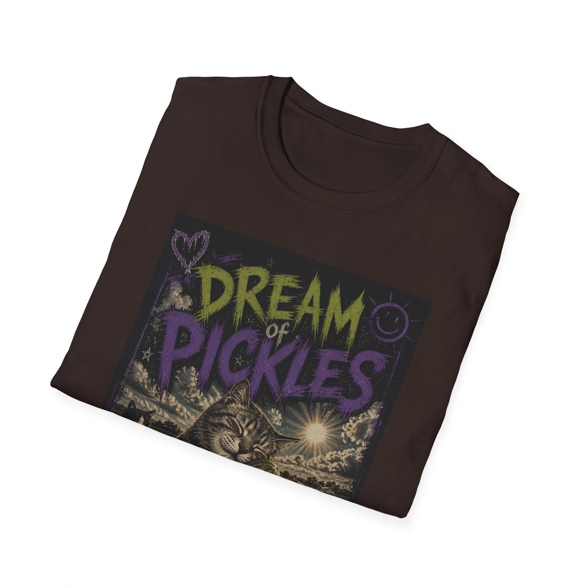 Dream of Pickles cat illustration T-Shirt | whimsical night scene, purple text