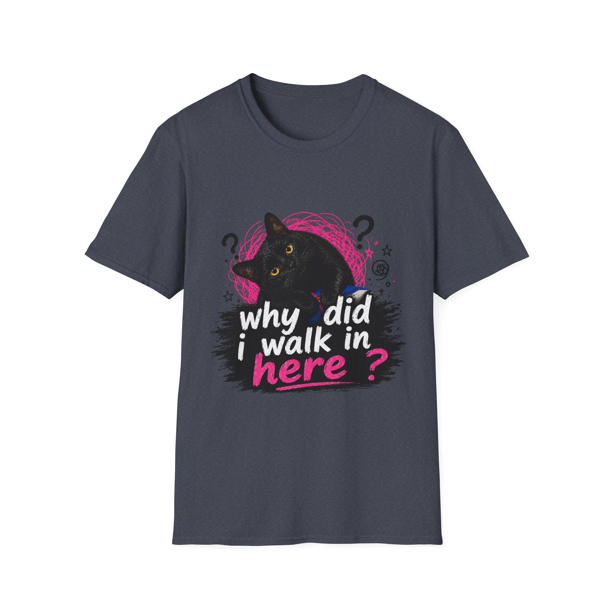 Confused Black Cat why did I walk in here? T-Shirt | Cat Humor Tee