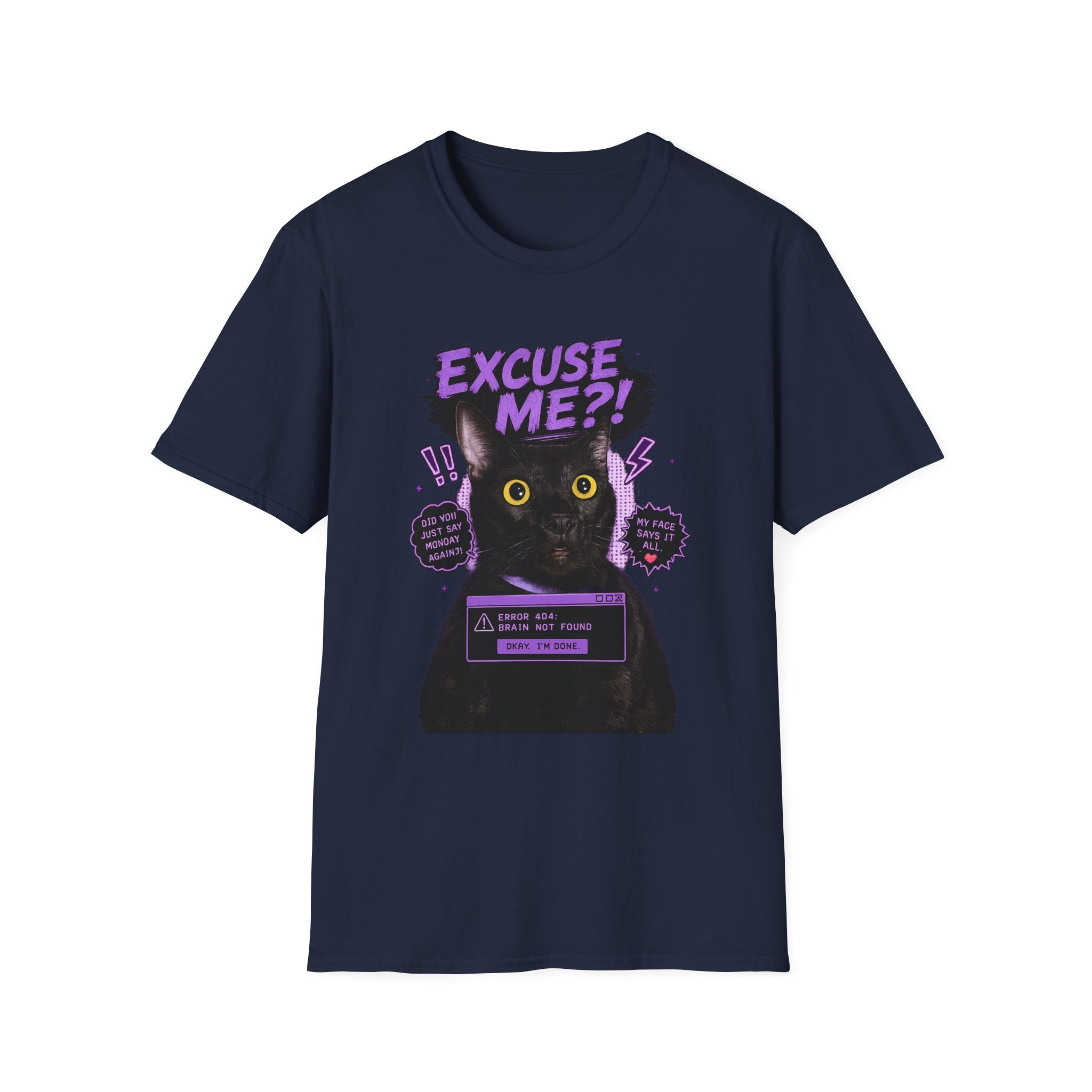 Excuse Me?! Black Cat Graphic T-Shirt | Retro Purple Horror Pop Art
