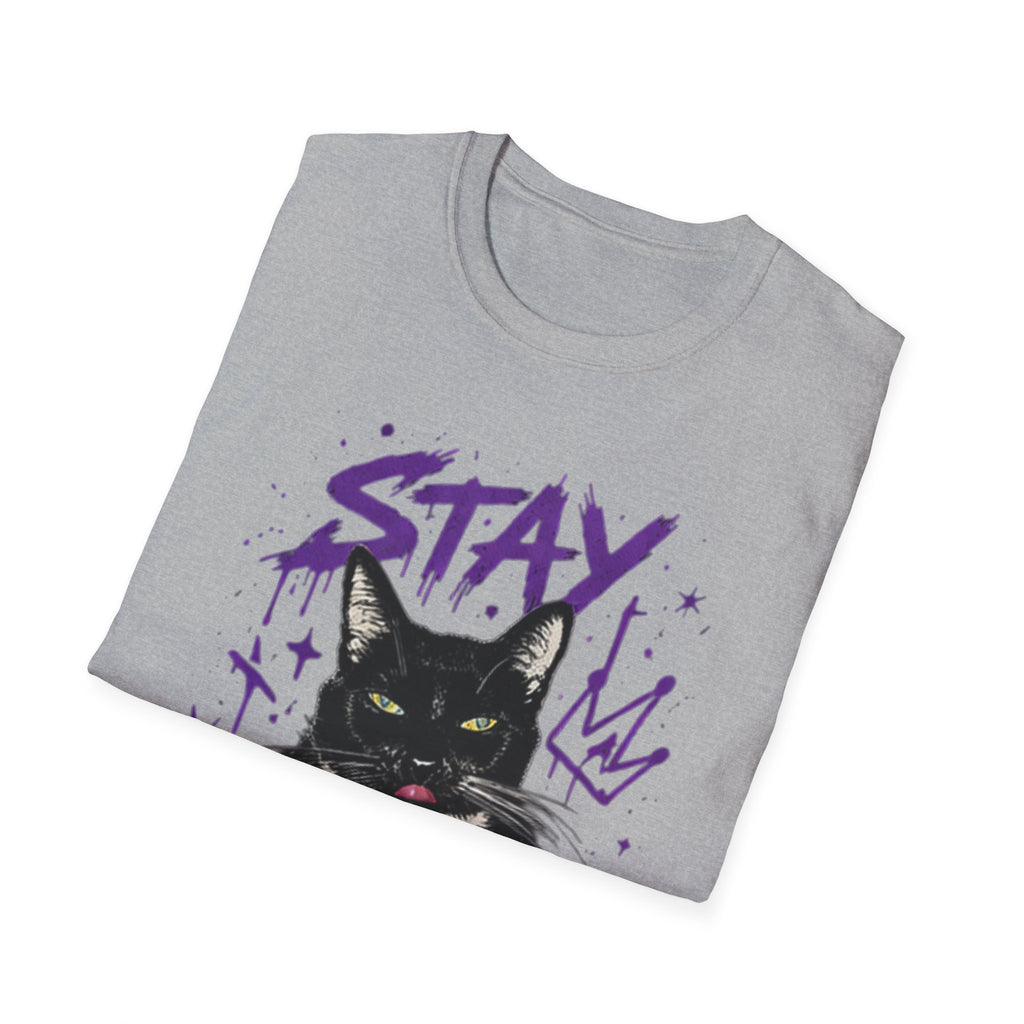 Stay Feral Cat Illustration T-Shirt | Black Cat, Purple Graffiti Text