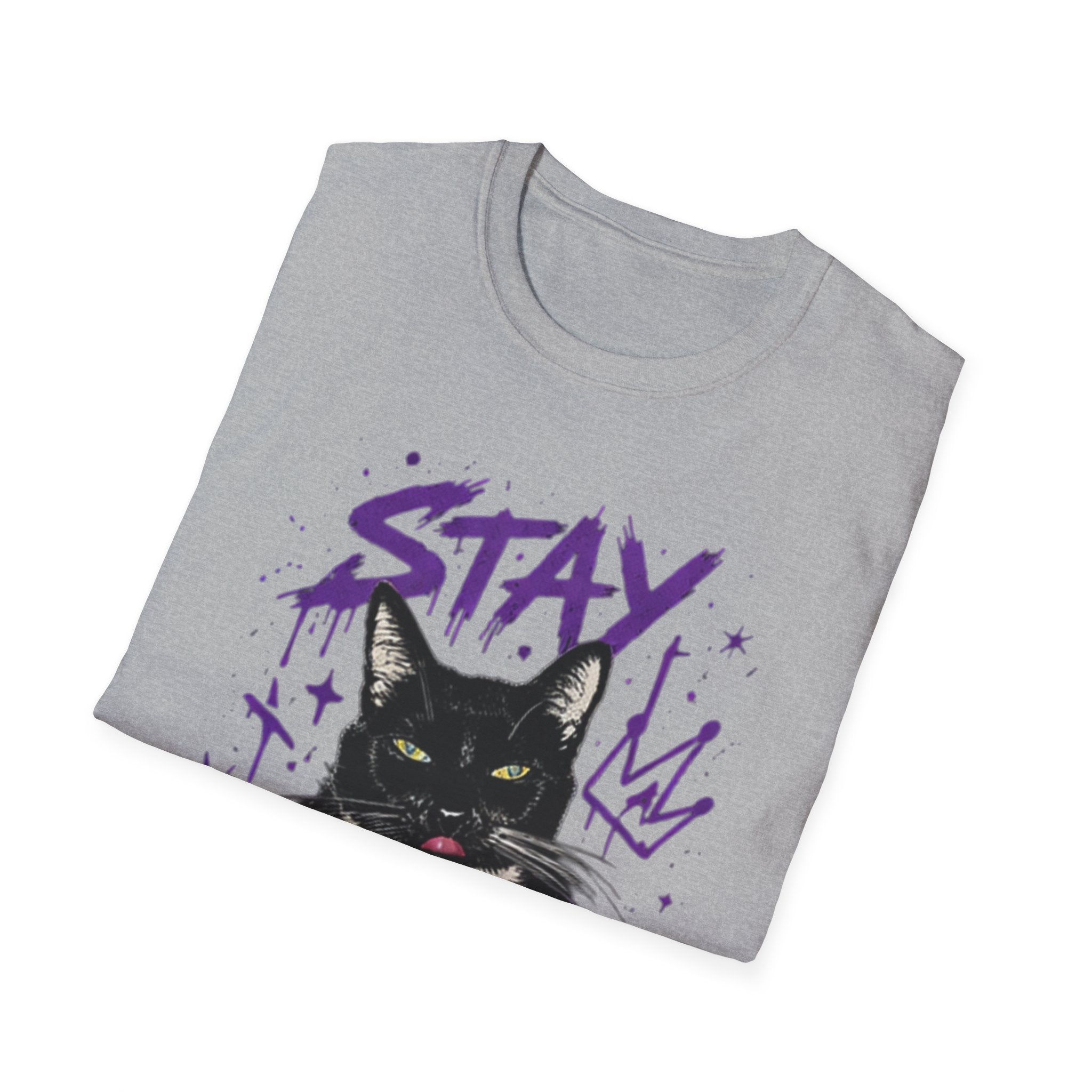 Stay Feral Cat Illustration T-Shirt | Black Cat, Purple Graffiti Text