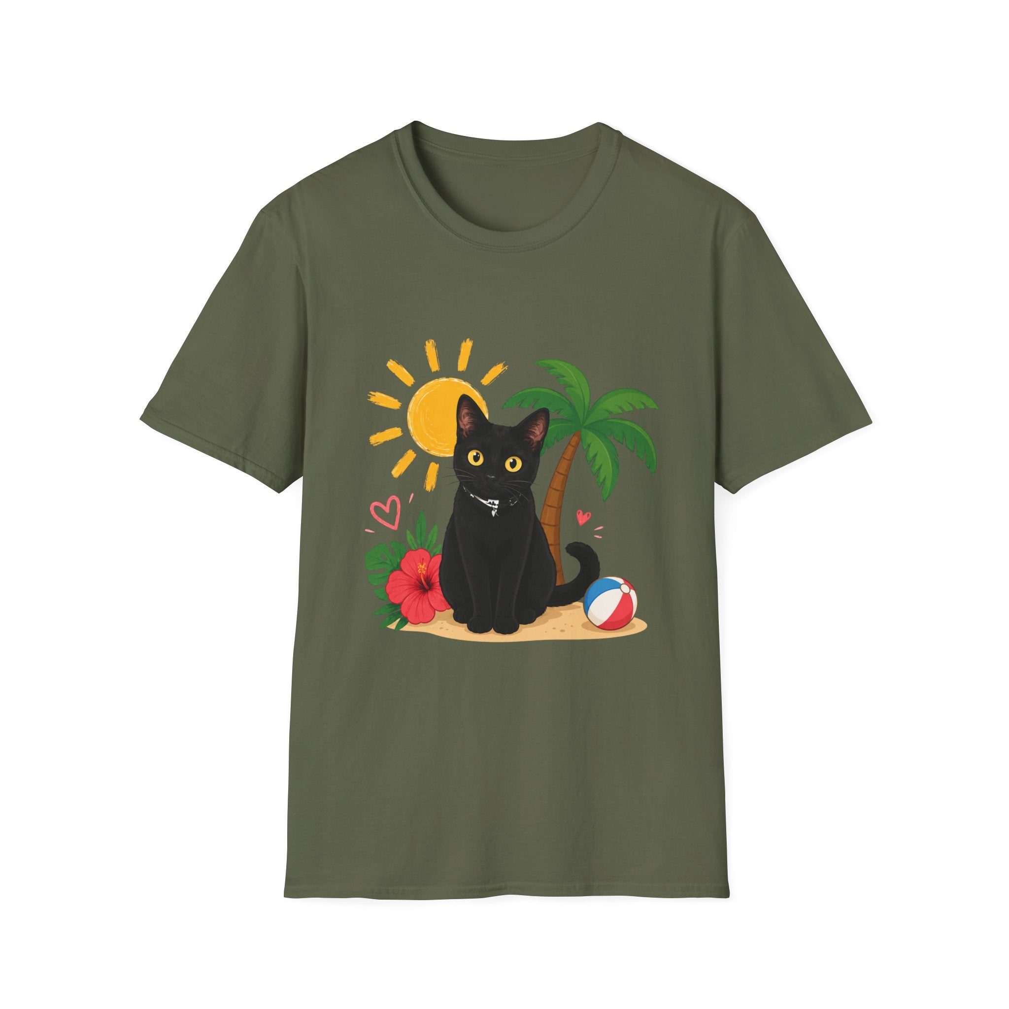 Black Cat Beach Scene T-Shirt | Palm Tree, Sun, Hibiscus