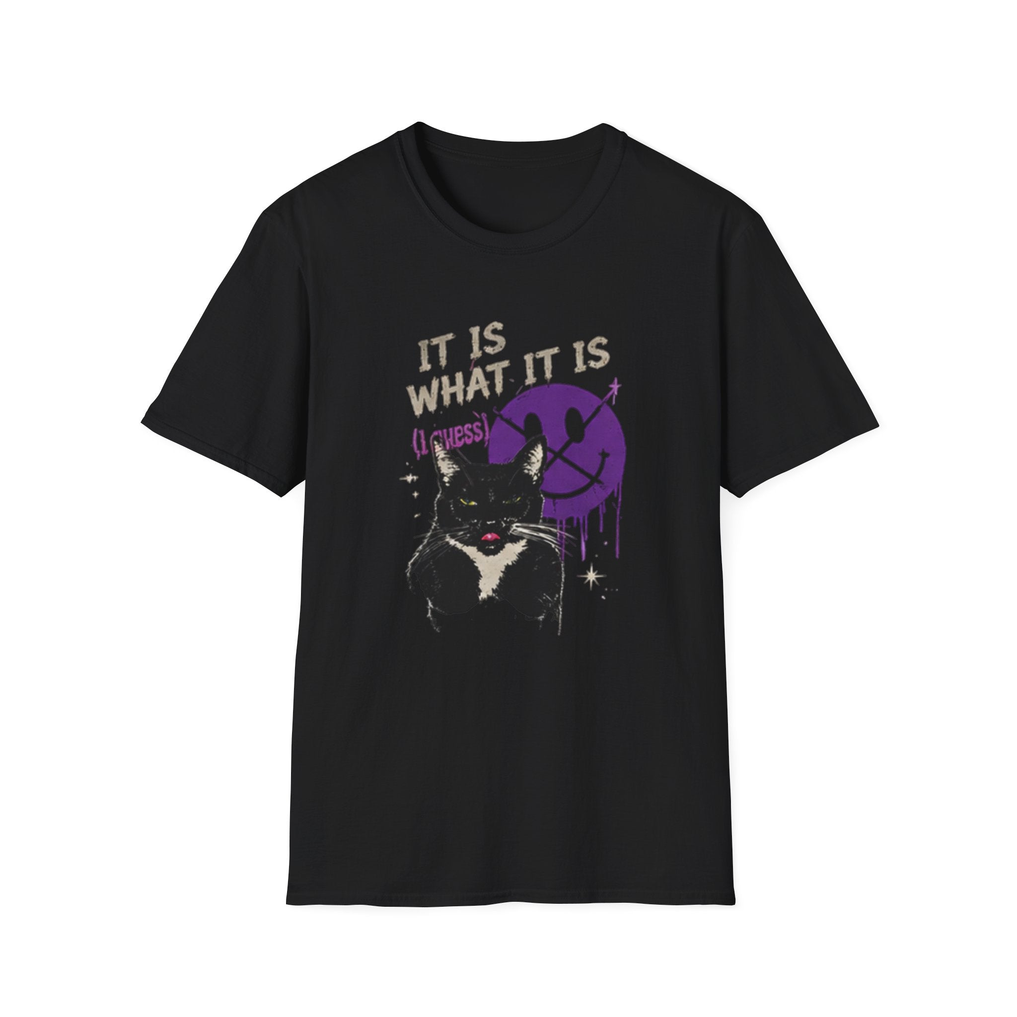 Grinning Black Cat with Purple Drip Smiley T-Shirt | It Is What It Is