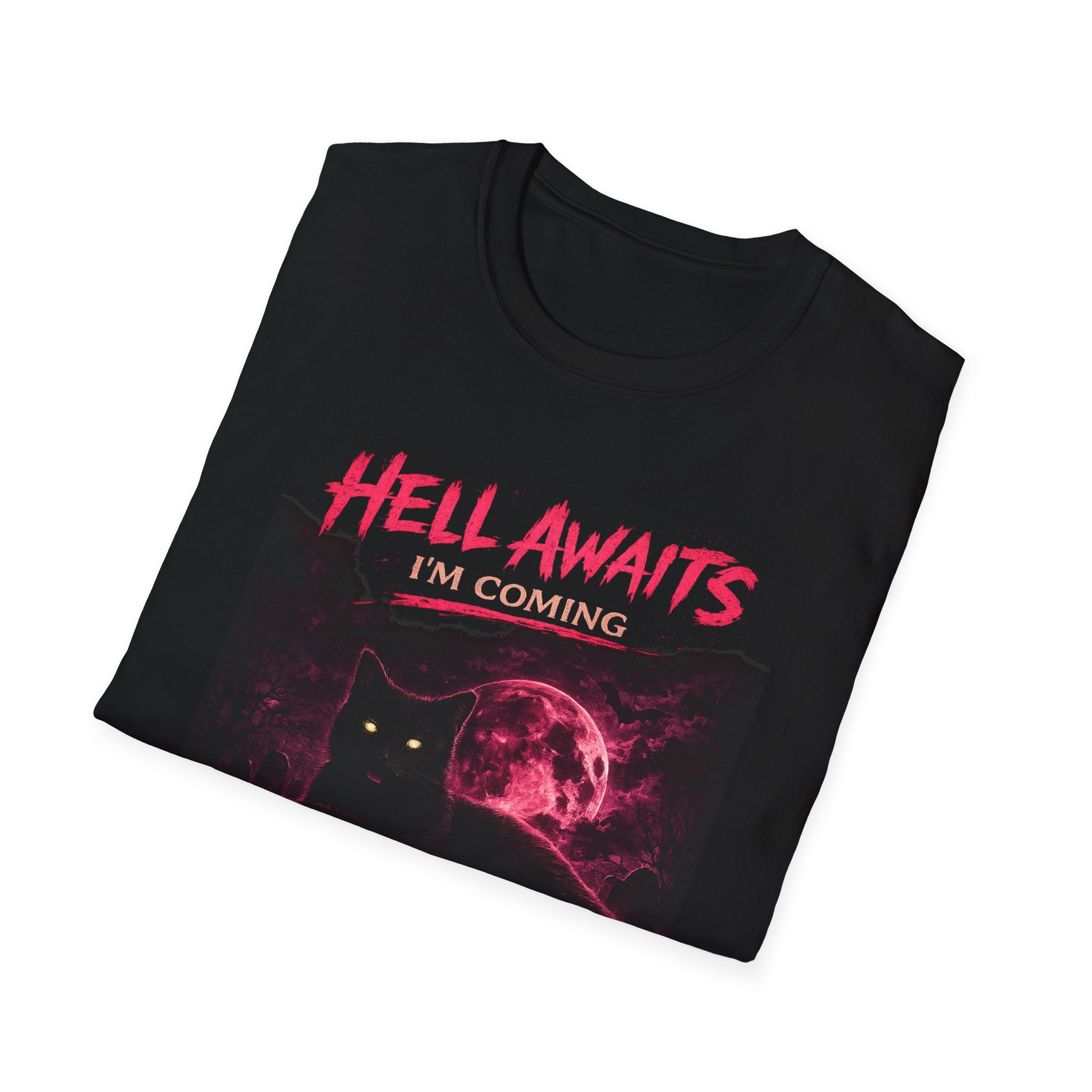 Hell Awaits I'm Coming cat graphic T-Shirt | Gothic moon, neon pink horror