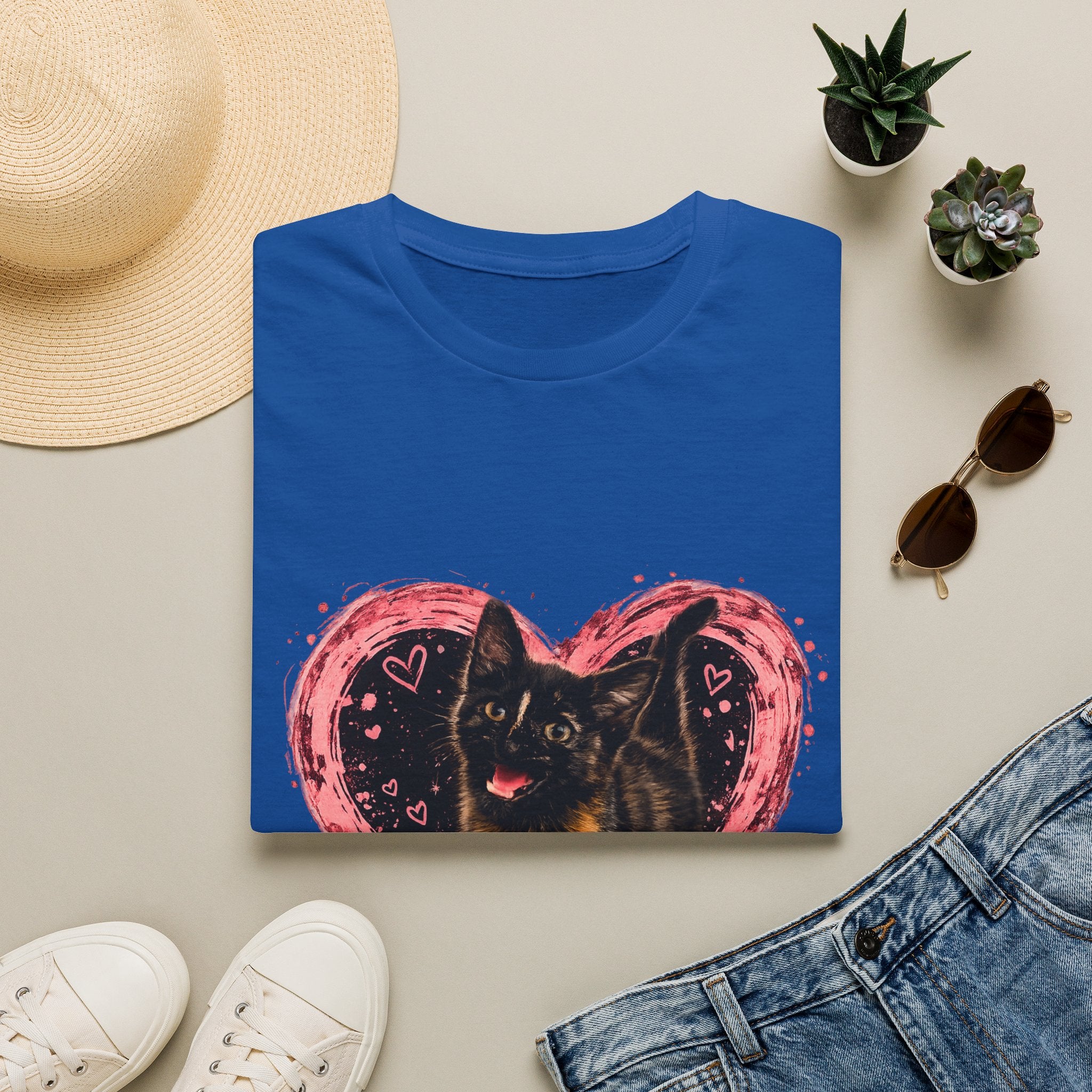 Black Cat in Pink Heart T-Shirt | Cute Cat Portrait Tee