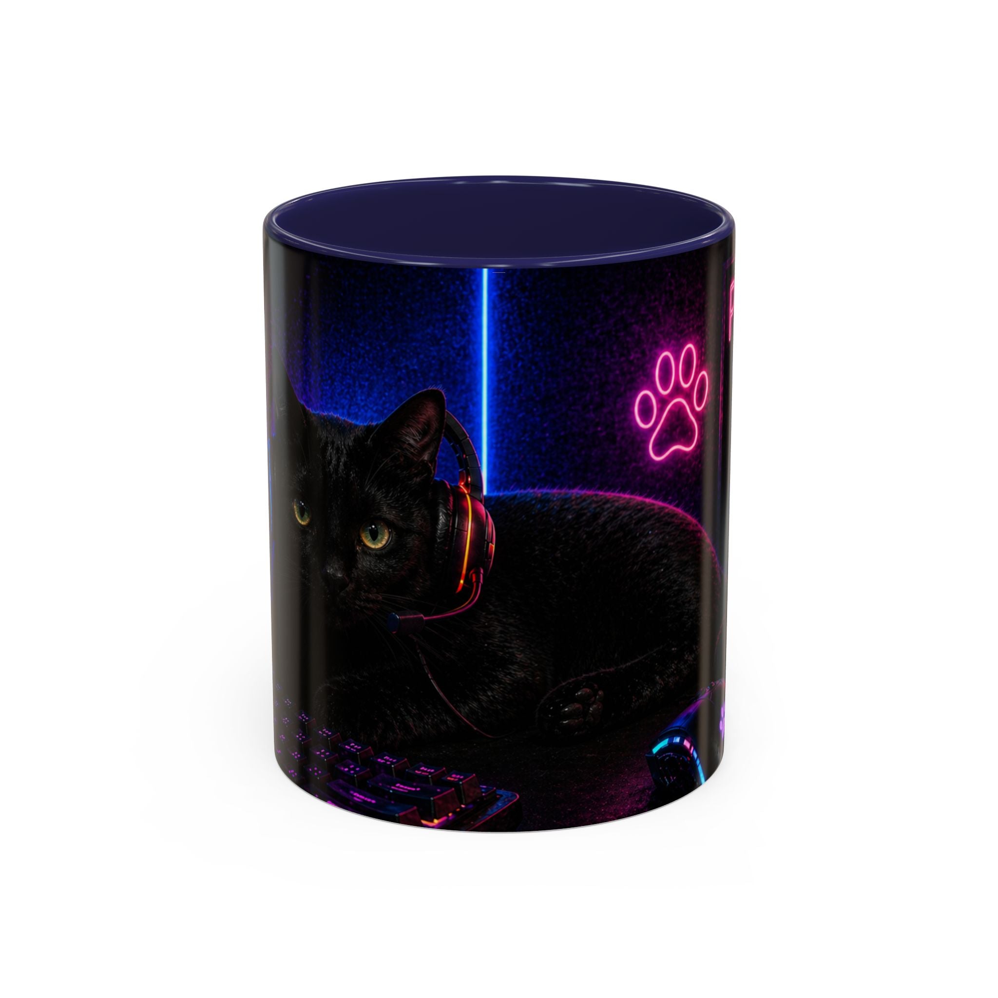 PAWS Pause Snack Game Repeat Cat Coffee Mug | Neon Gaming Cat Mug