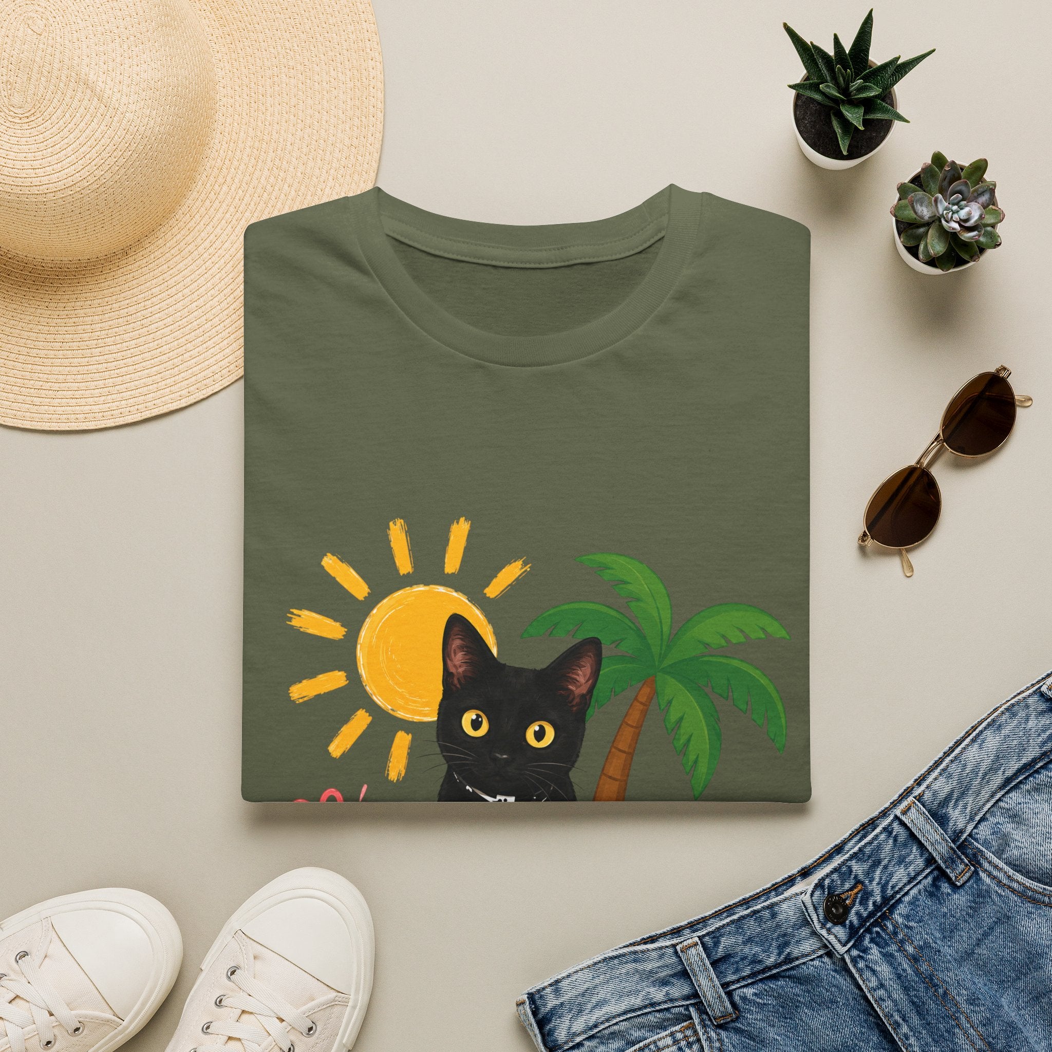 Black Cat Beach Scene T-Shirt | Palm Tree, Sun, Hibiscus