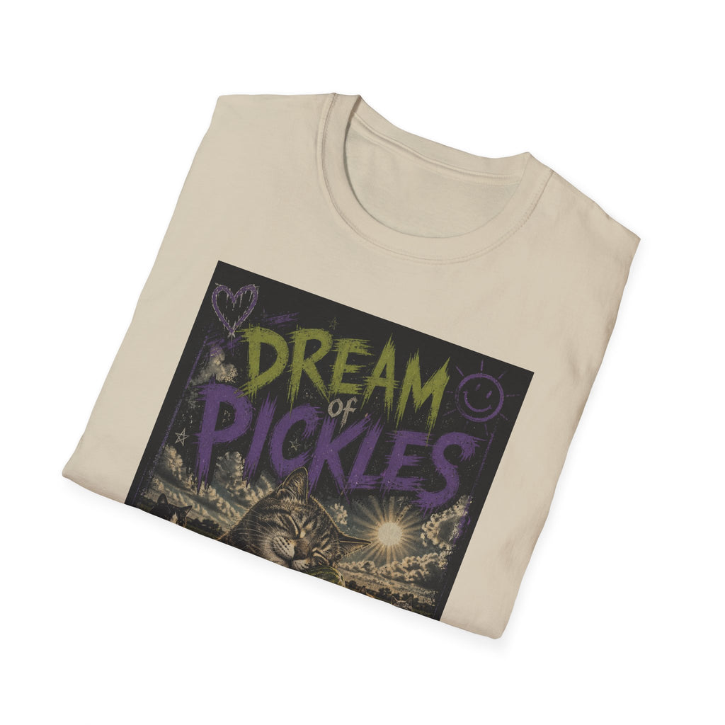 Dream of Pickles cat illustration T-Shirt | whimsical night scene, purple text