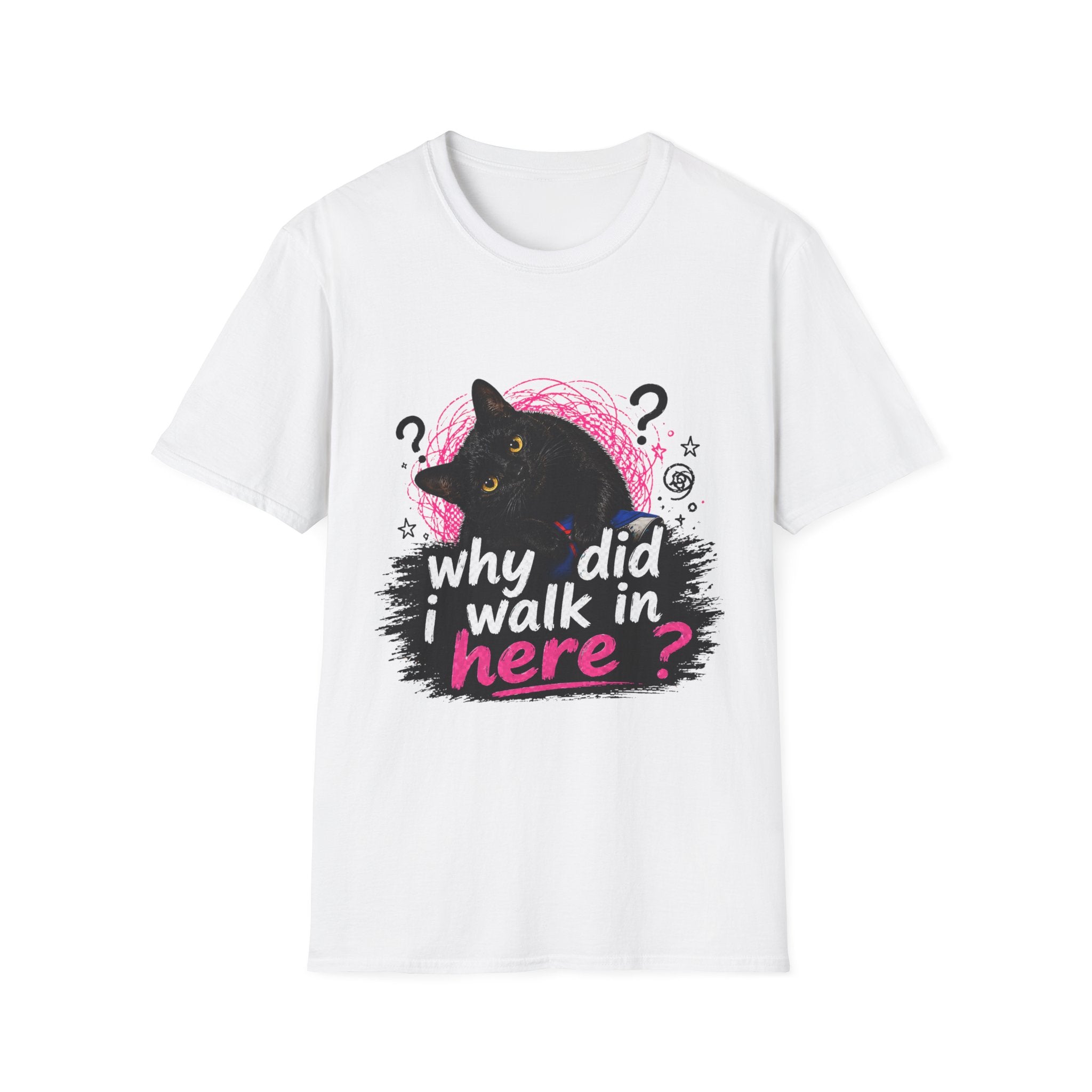 Confused Black Cat why did I walk in here? T-Shirt | Cat Humor Tee