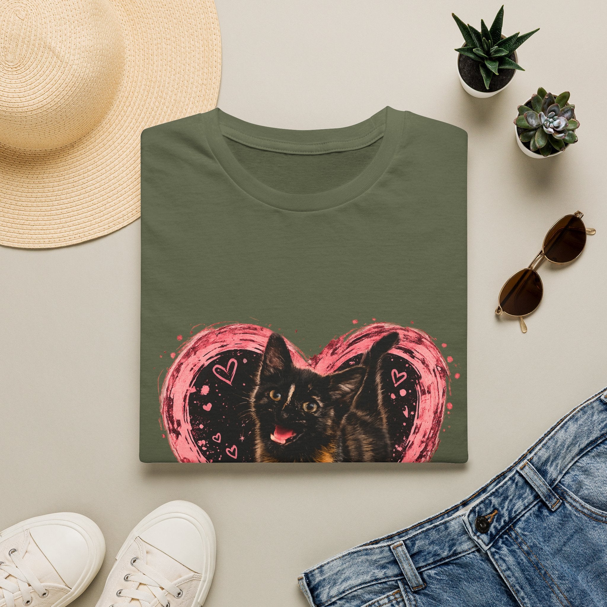 Black Cat in Pink Heart T-Shirt | Cute Cat Portrait Tee