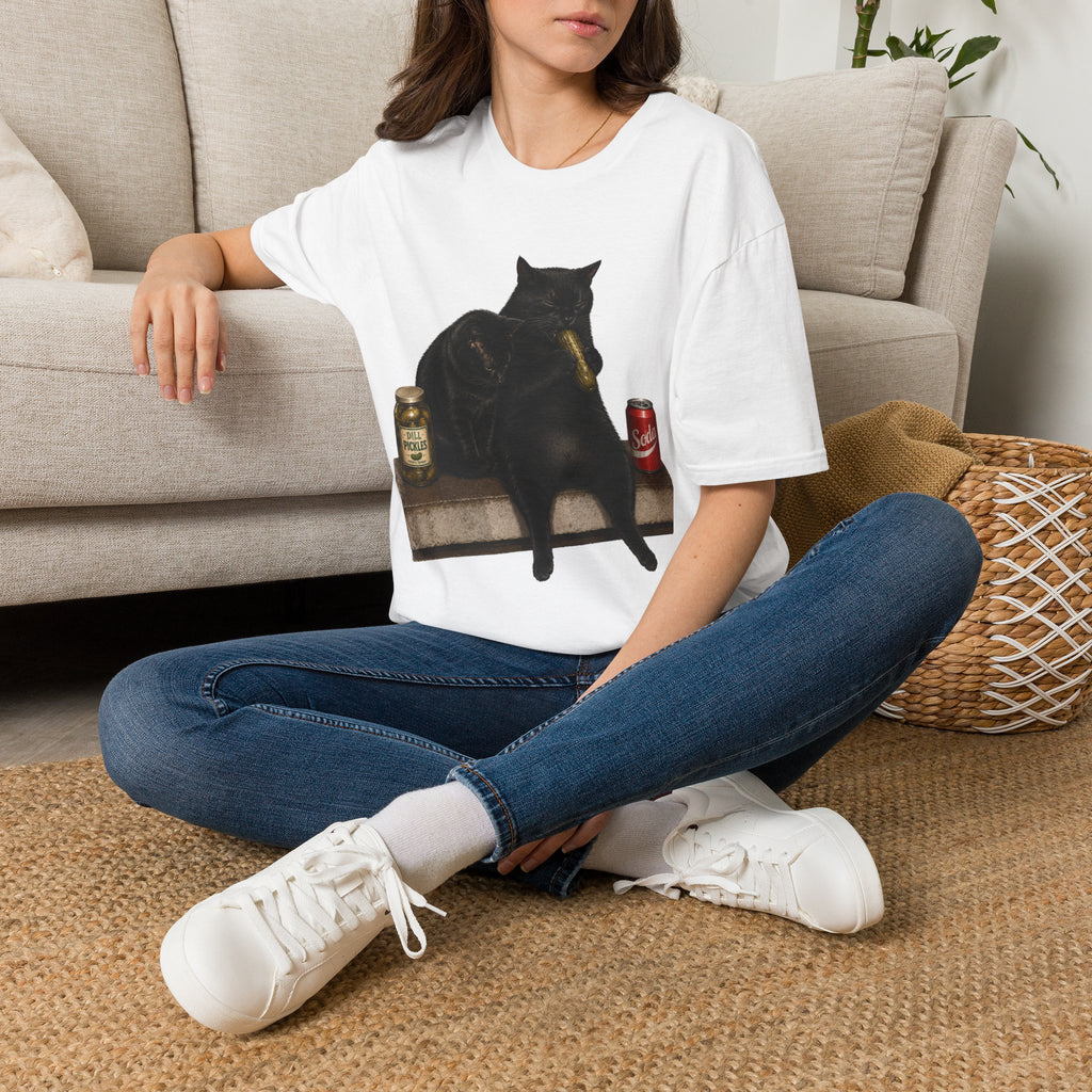 Black Cat Sitting with Drinks T-Shirt | Funny Cat Illustration