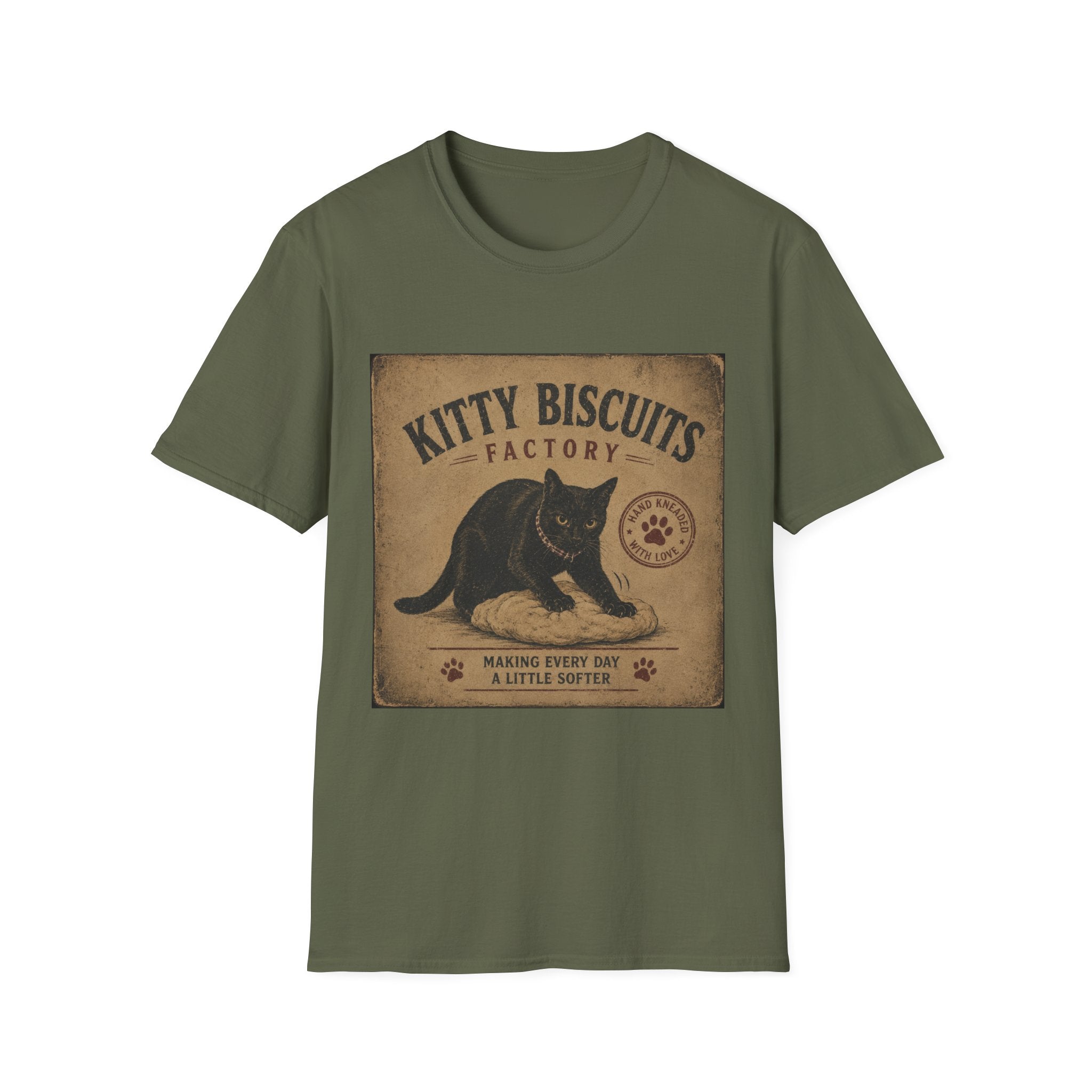 Kitty Biscuits Factory T-Shirt | Vintage Black Cat Illustration