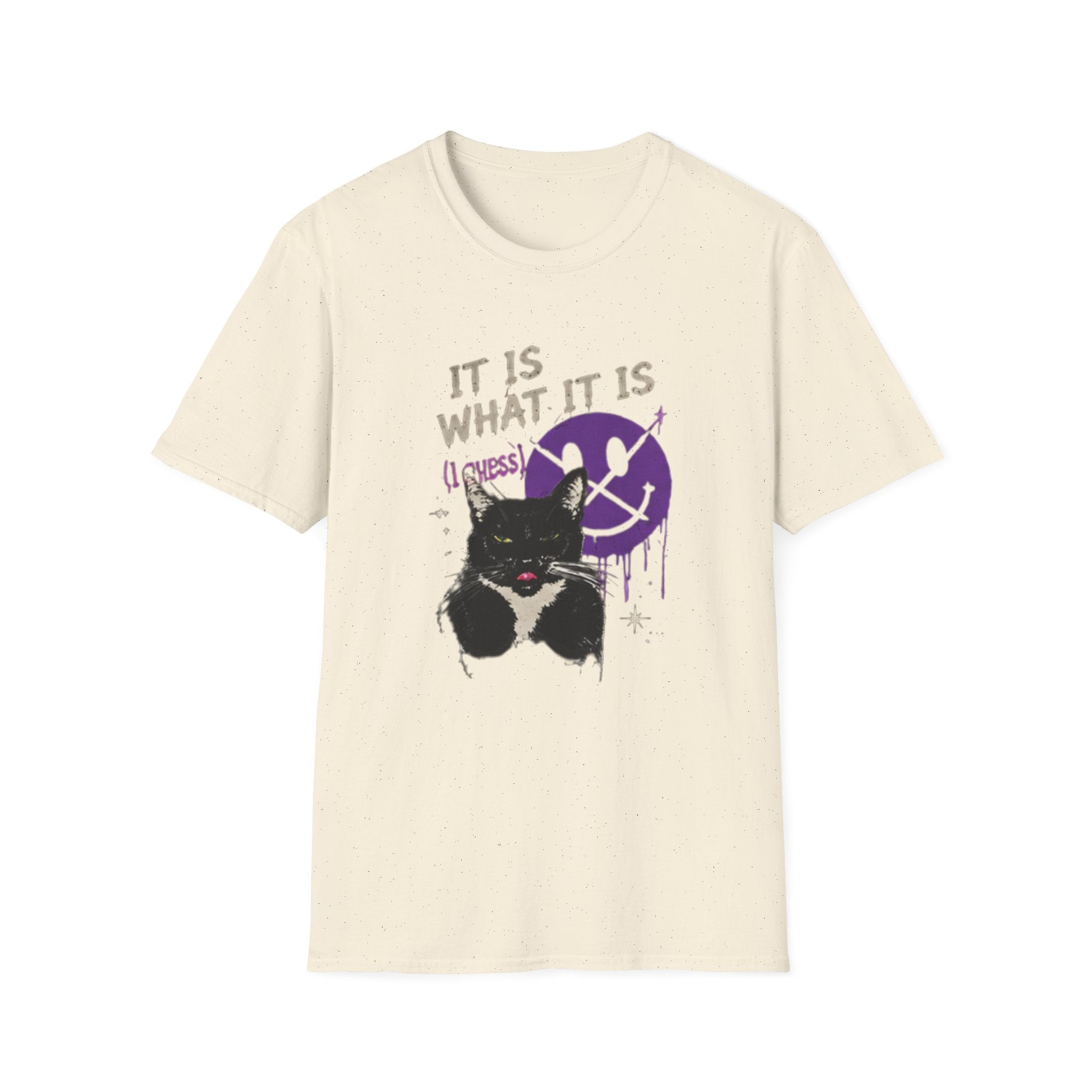 Grinning Black Cat with Purple Drip Smiley T-Shirt | It Is What It Is