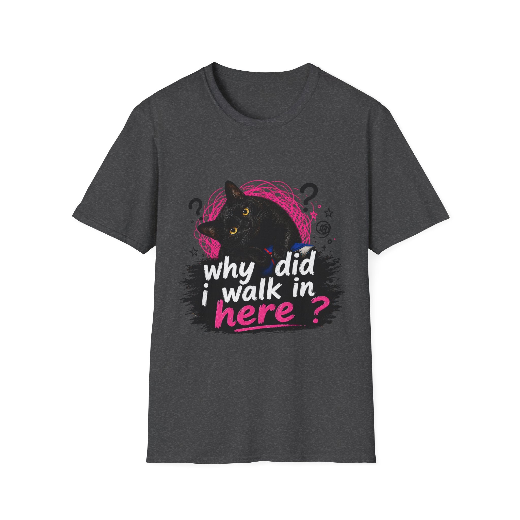 Confused Black Cat why did I walk in here? T-Shirt | Cat Humor Tee