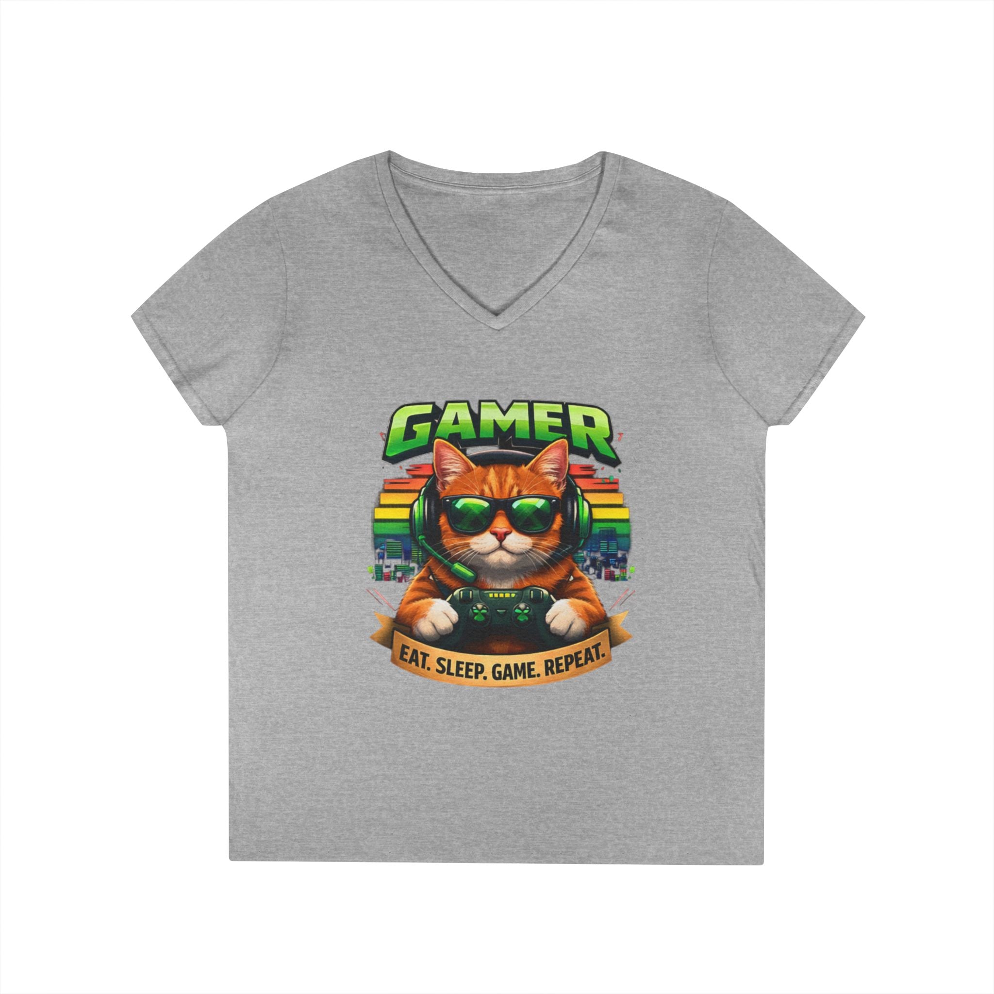 Gamer Cat Graphic Tee Ladies V-Neck T-Shirt | Retro Controller, Eat Sleep Game Repeat