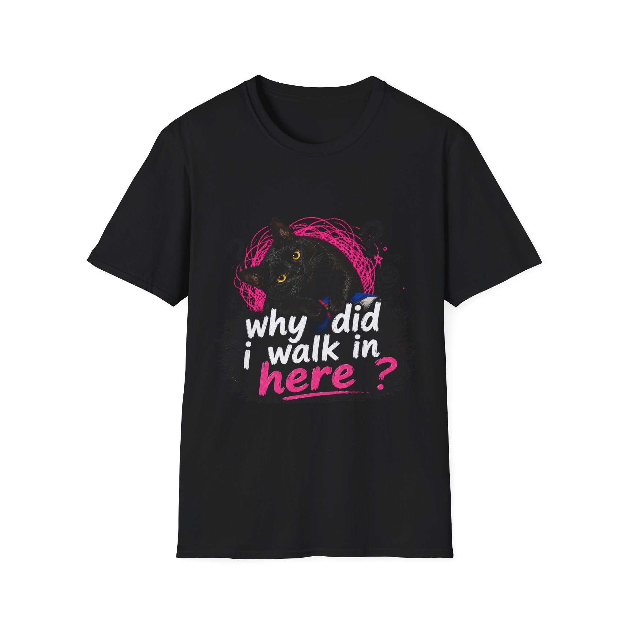 Confused Black Cat why did I walk in here? T-Shirt | Cat Humor Tee