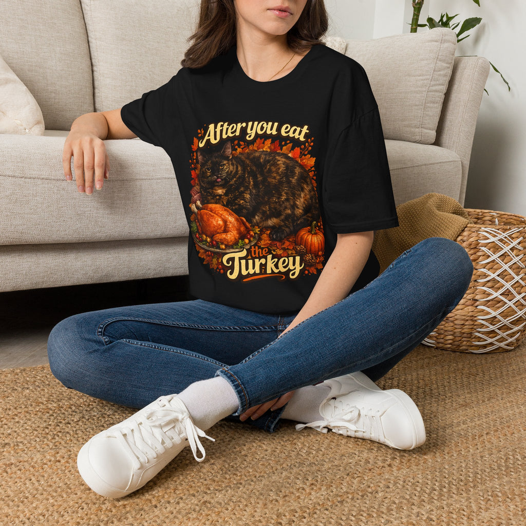 After You Eat Turkey T-Shirt | Cat Thanksgiving Design, Fall Leaves