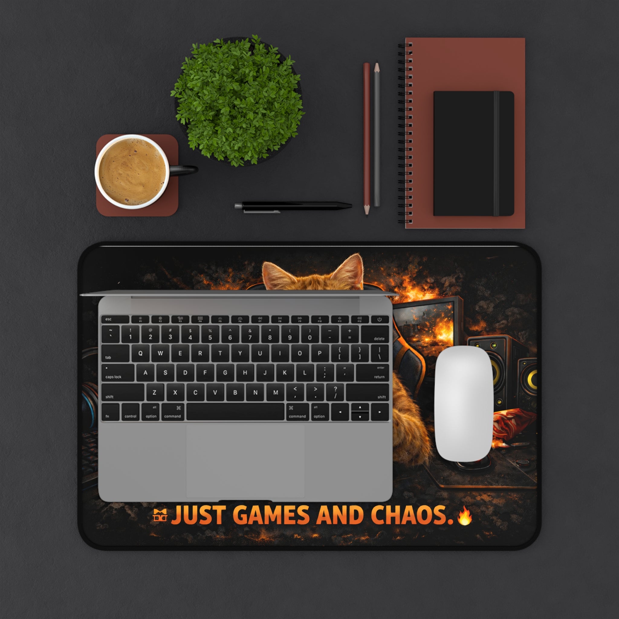 Gamer Cat Playing Controller Desk Mat | No Thoughts Just Games and Chaos