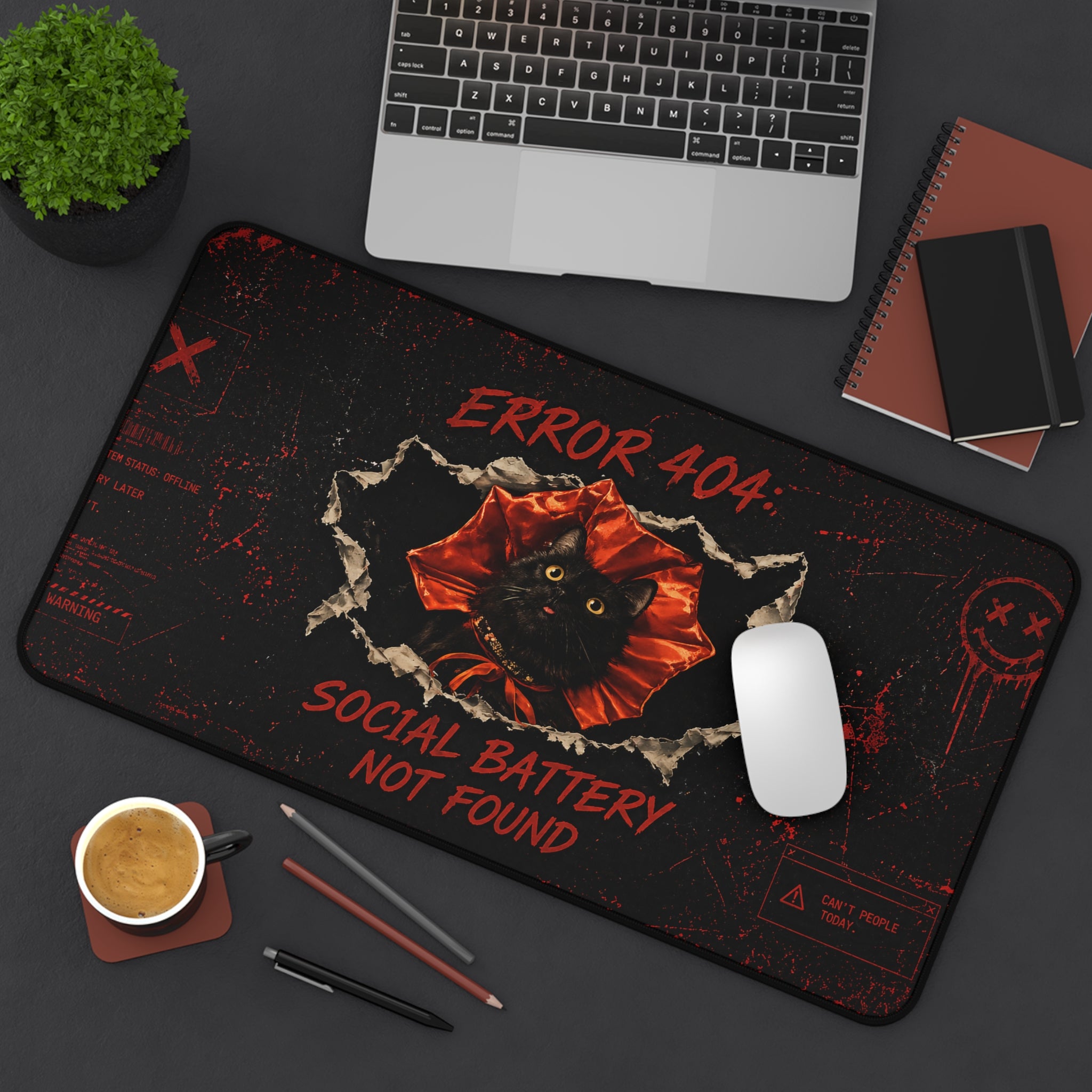 Error 404 Social Battery Not Found Desk Mat | Black Cat Desk Pad