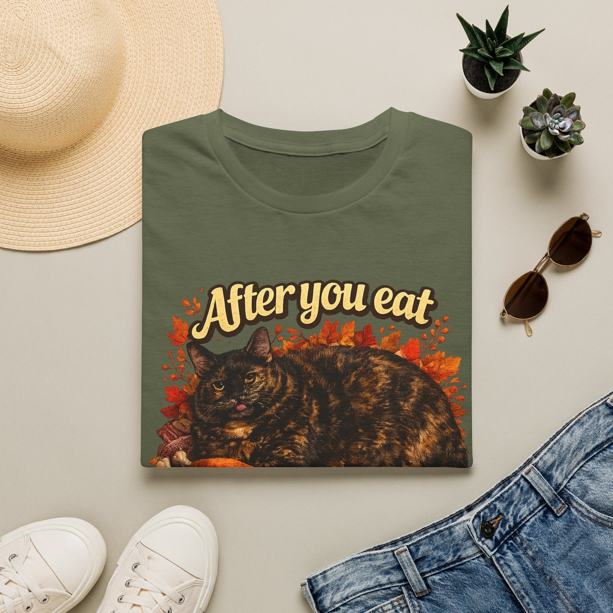 After You Eat Turkey T-Shirt | Cat Thanksgiving Design, Fall Leaves