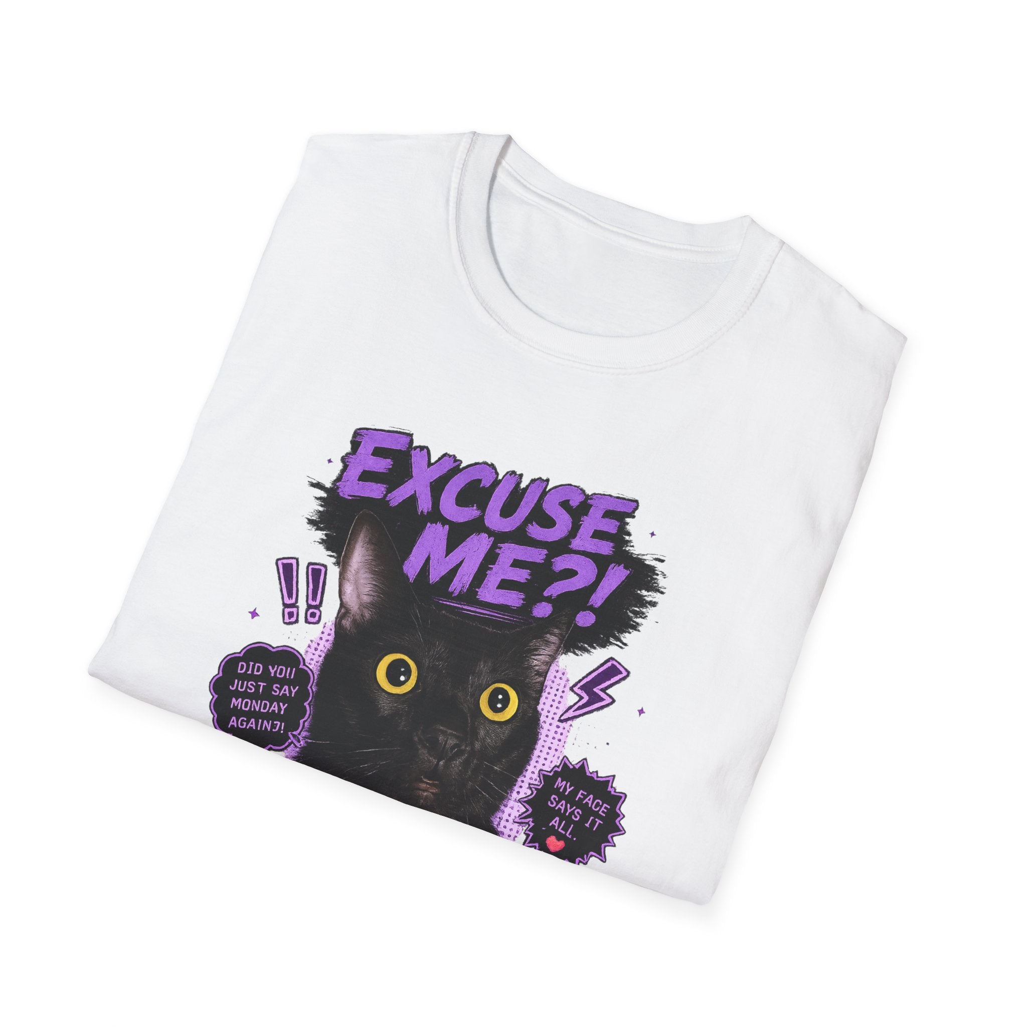 Excuse Me?! Black Cat Graphic T-Shirt | Retro Purple Horror Pop Art