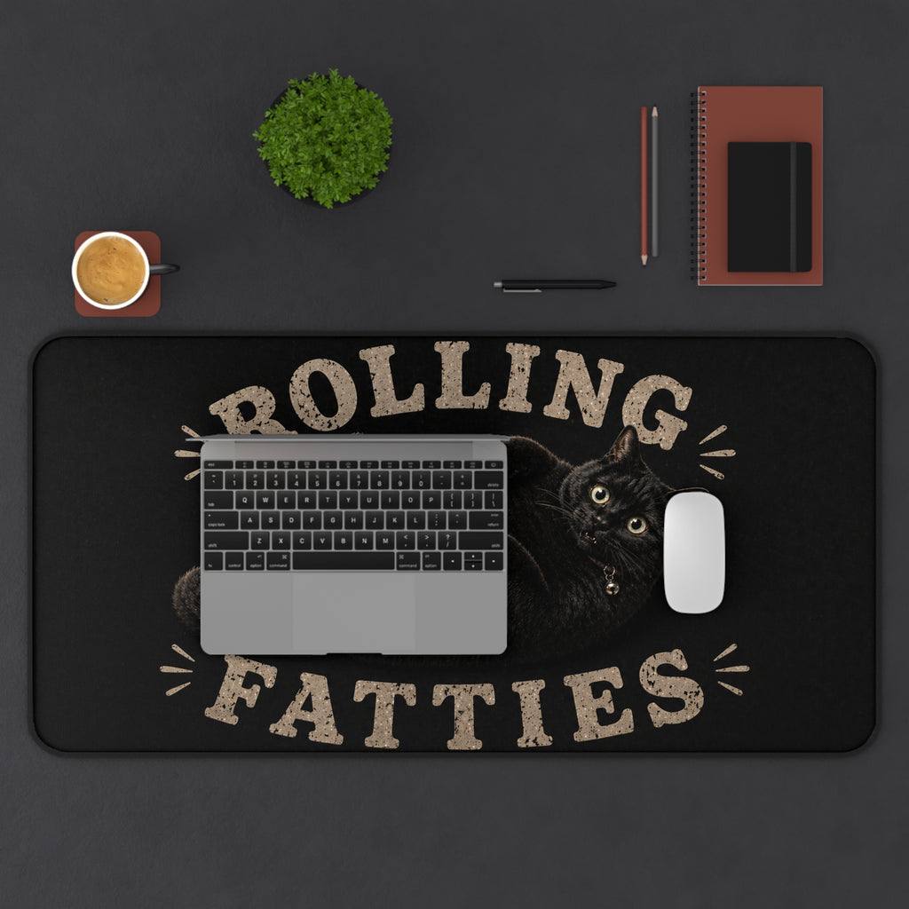 Rolling Fatties black cat illustration Desk Mat | cute chubby cat mousepad