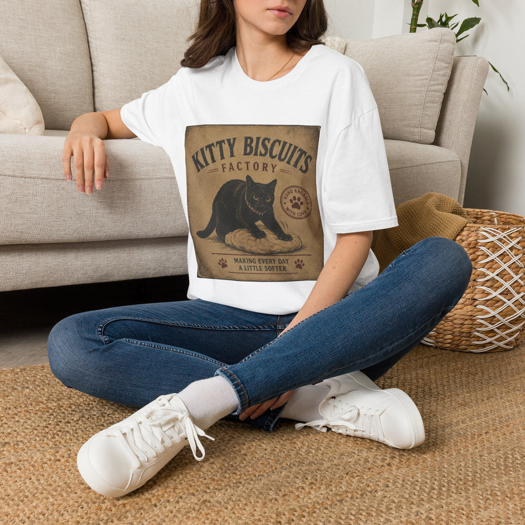 Kitty Biscuits Factory T-Shirt | Vintage Black Cat Illustration