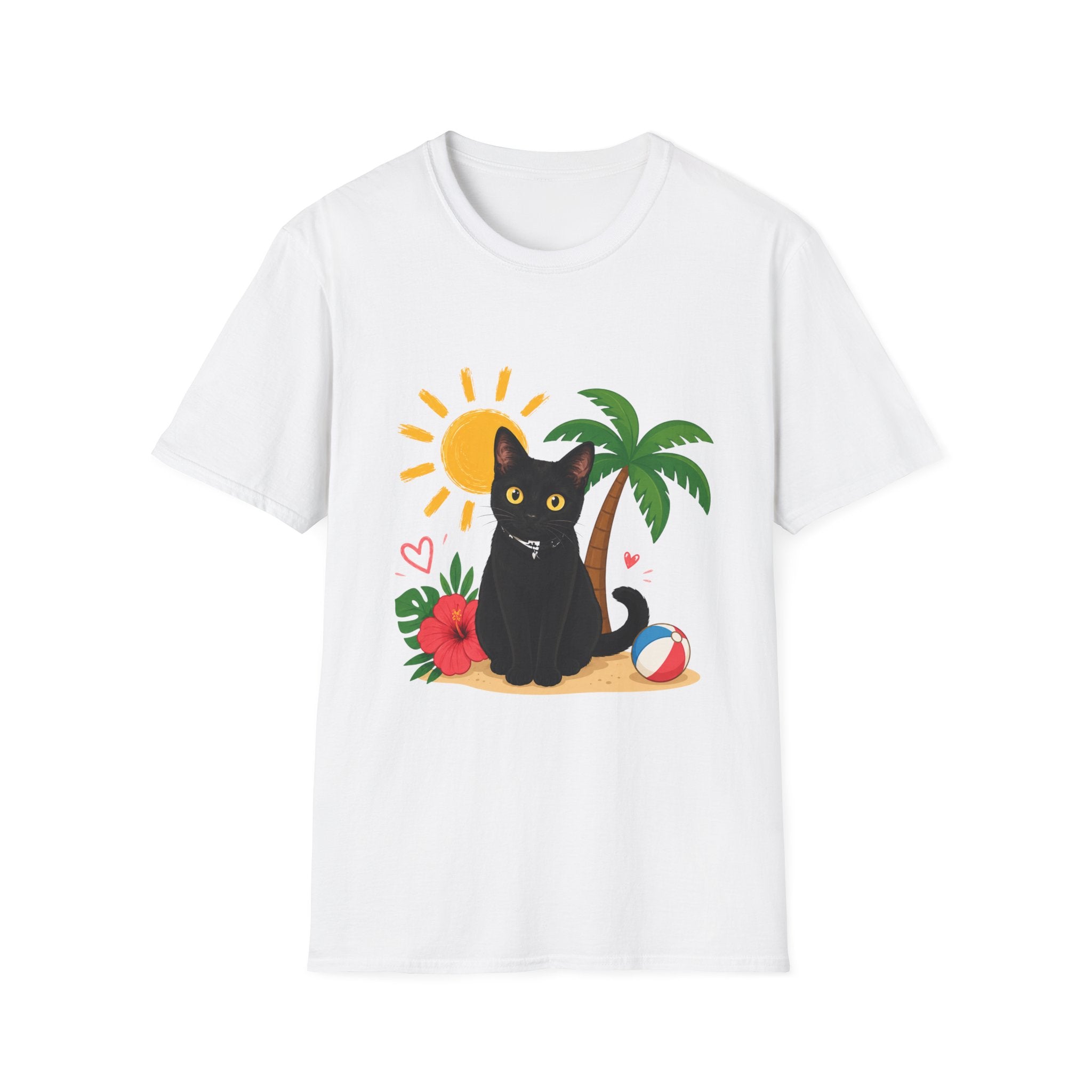 Black Cat Beach Scene T-Shirt | Palm Tree, Sun, Hibiscus