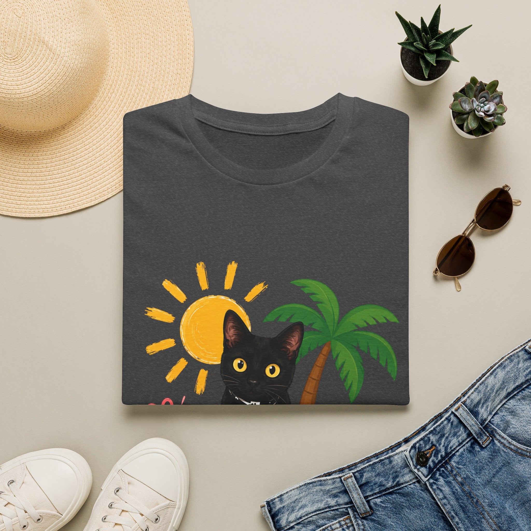 Black Cat Beach Scene T-Shirt | Palm Tree, Sun, Hibiscus