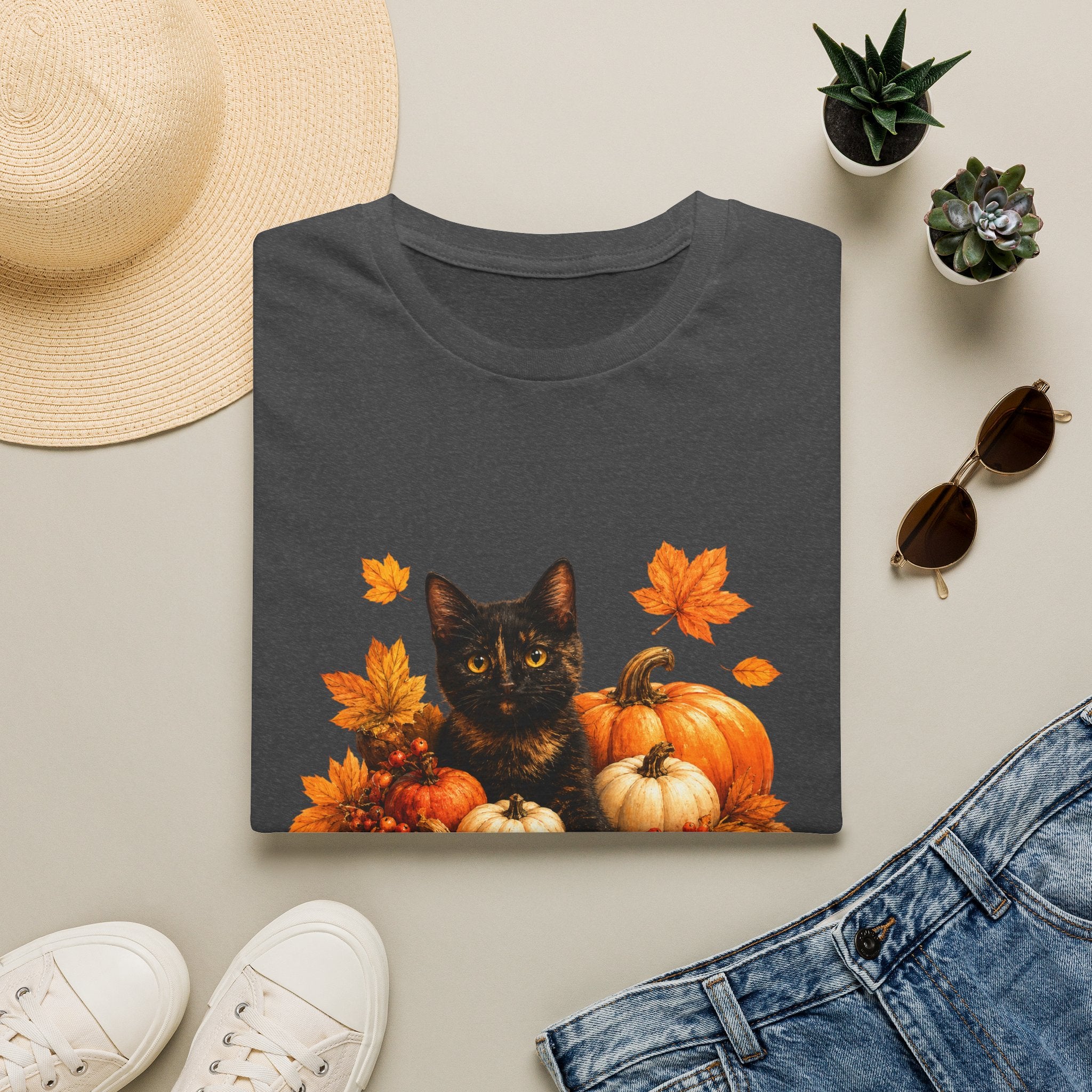 Black Kitten with Pumpkins T-Shirt | Autumn Fall Cat Pumpkin Shirt