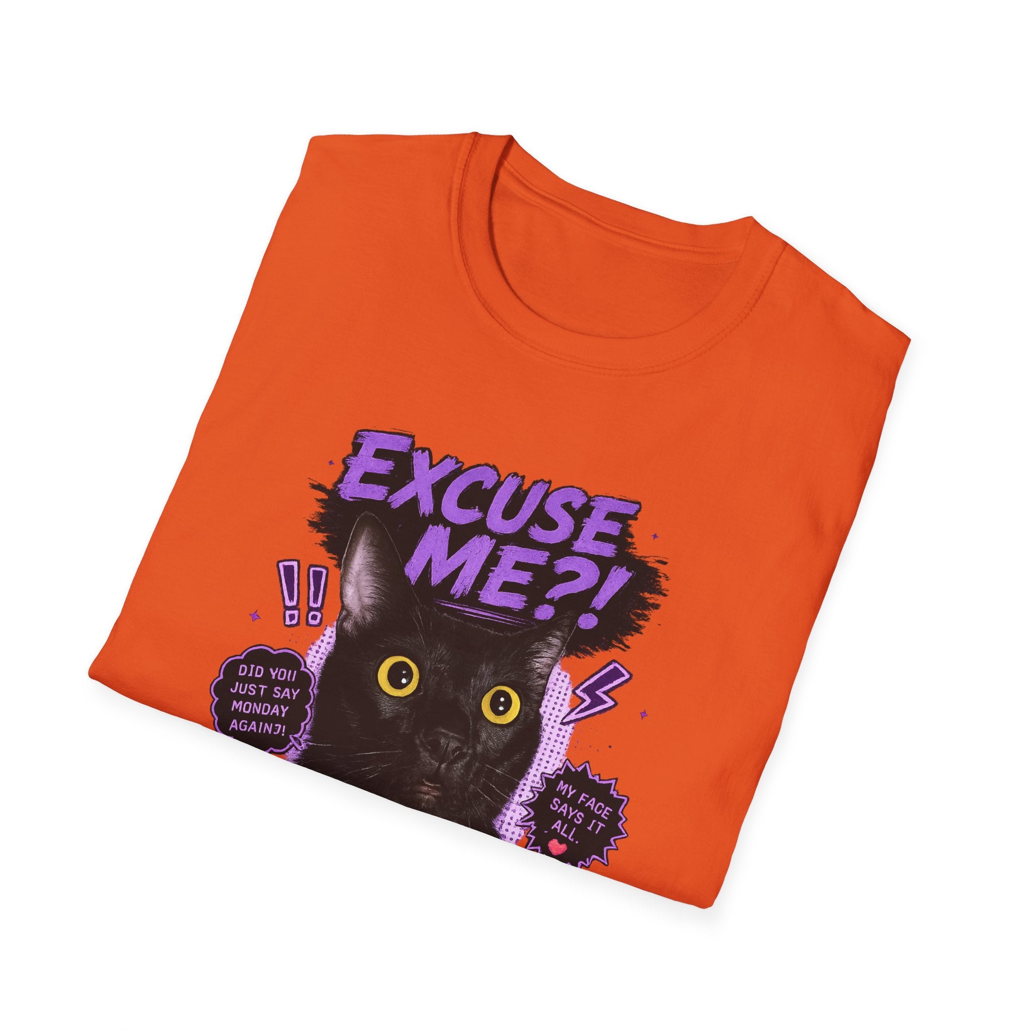 Excuse Me?! Black Cat Graphic T-Shirt | Retro Purple Horror Pop Art