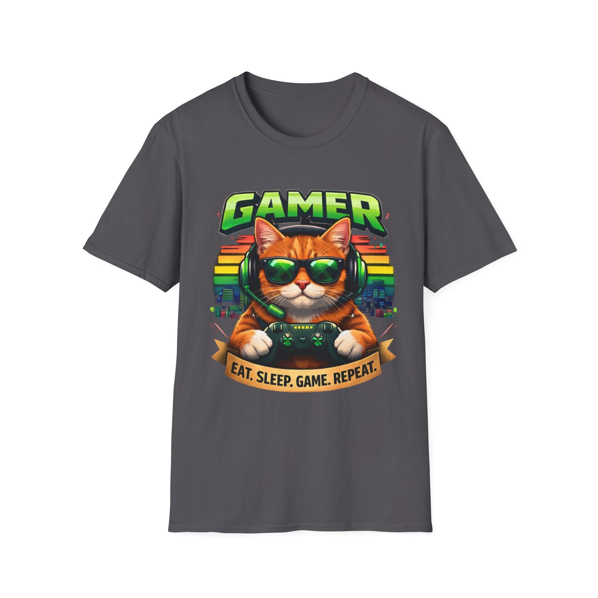 Gamer Cat with Controller T-Shirt | Eat Sleep Game Repeat