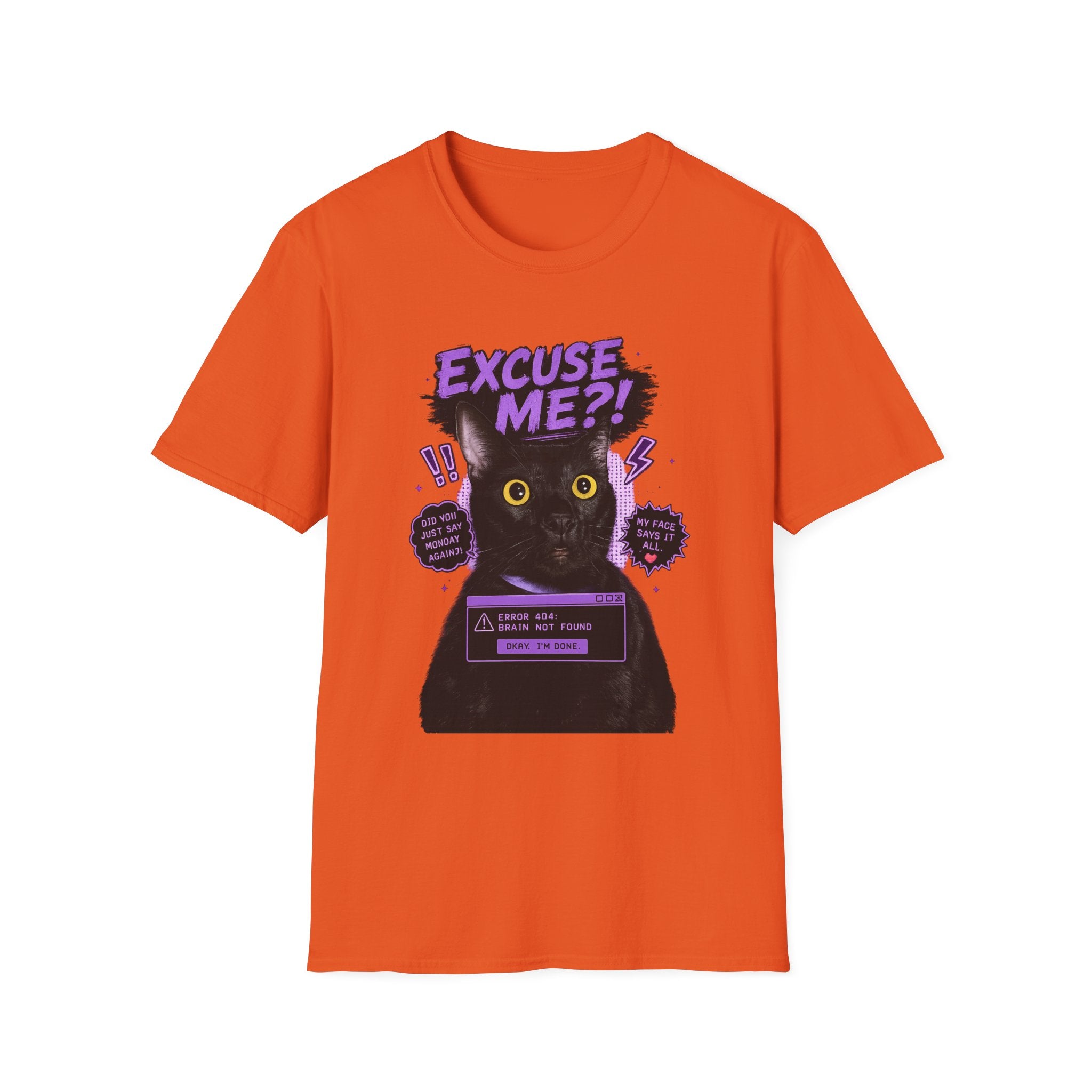 Excuse Me?! Black Cat Graphic T-Shirt | Retro Purple Horror Pop Art