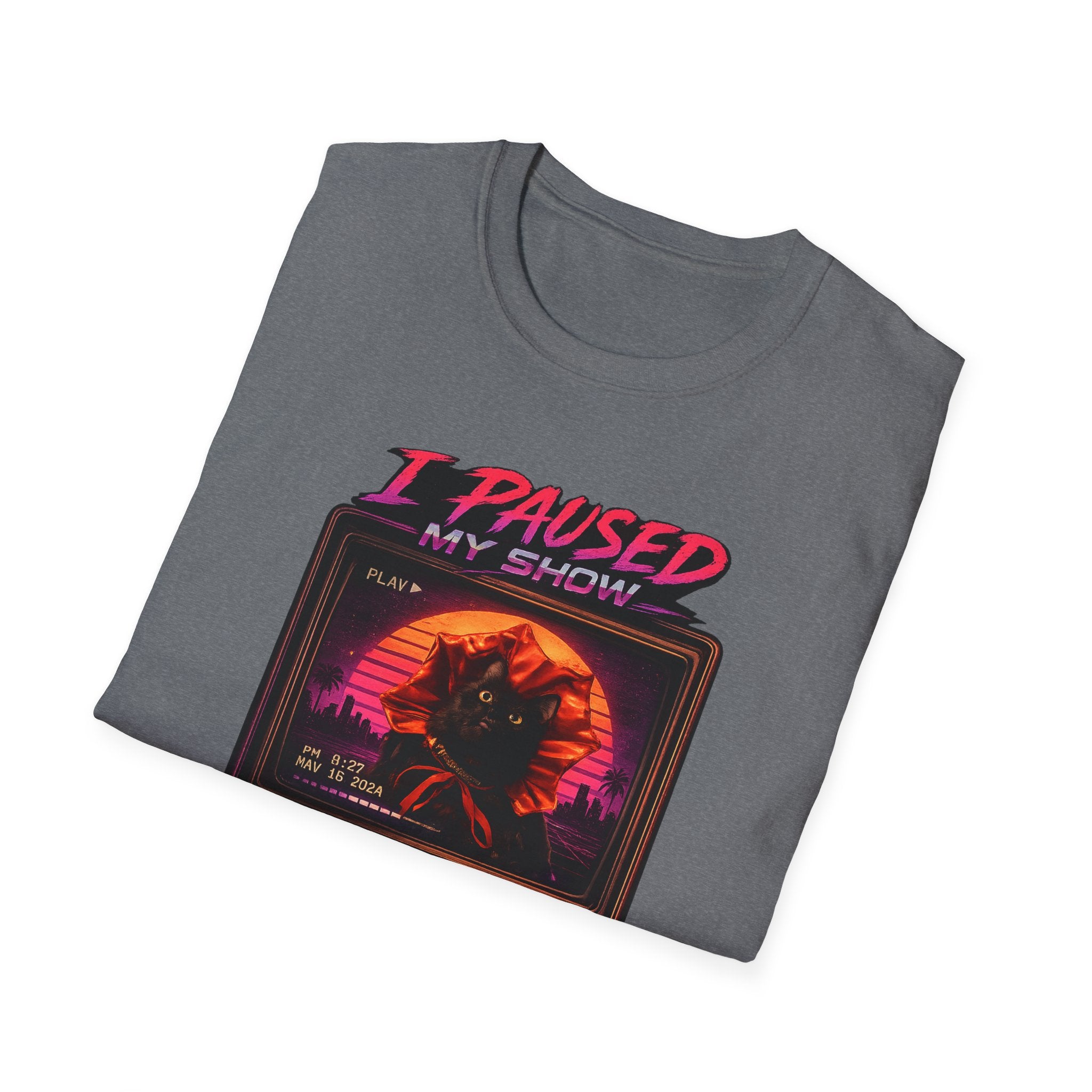 I Paused My Show Cat Watching Graphic T-Shirt | Retro Synthwave TV Design