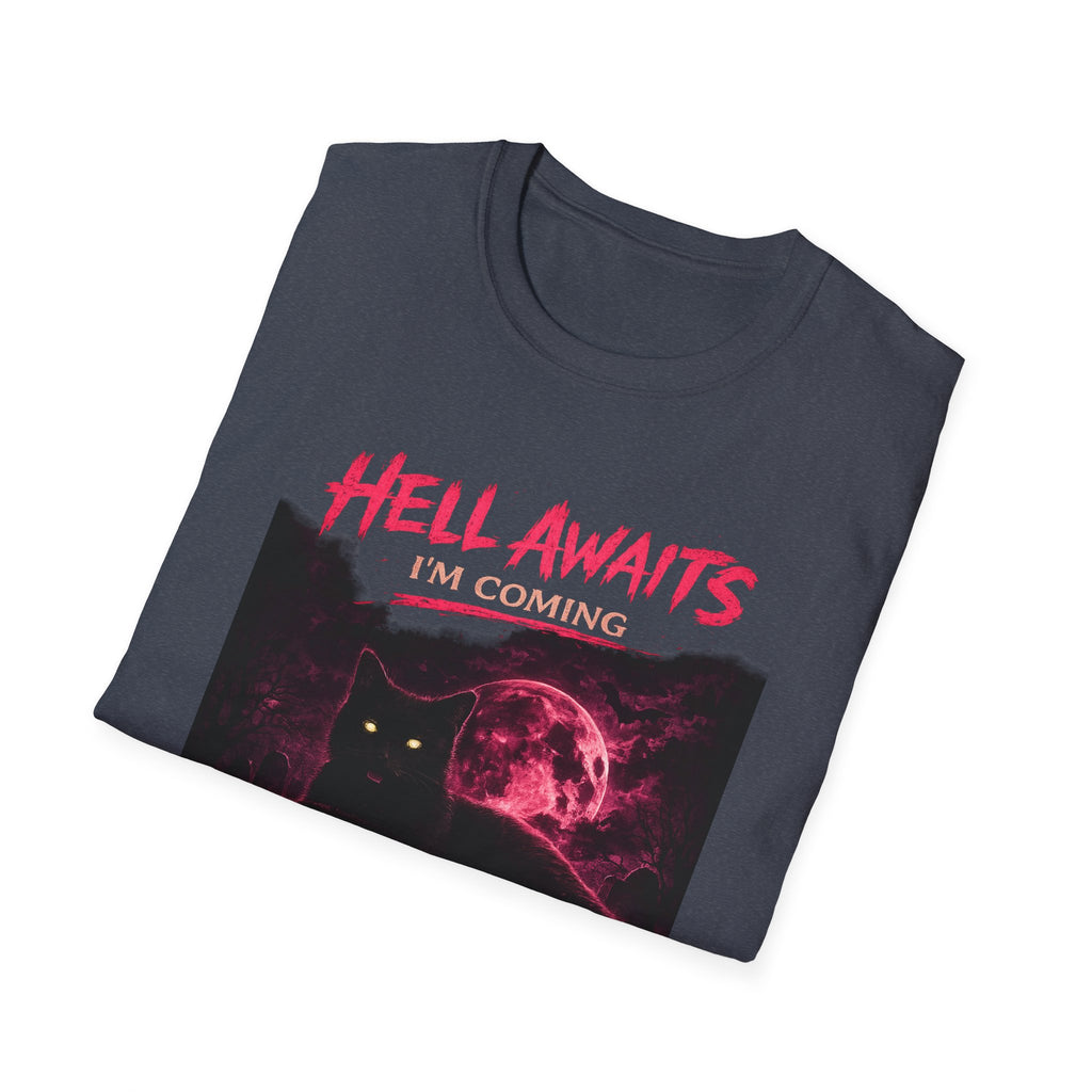 Hell Awaits I'm Coming cat graphic T-Shirt | Gothic moon, neon pink horror