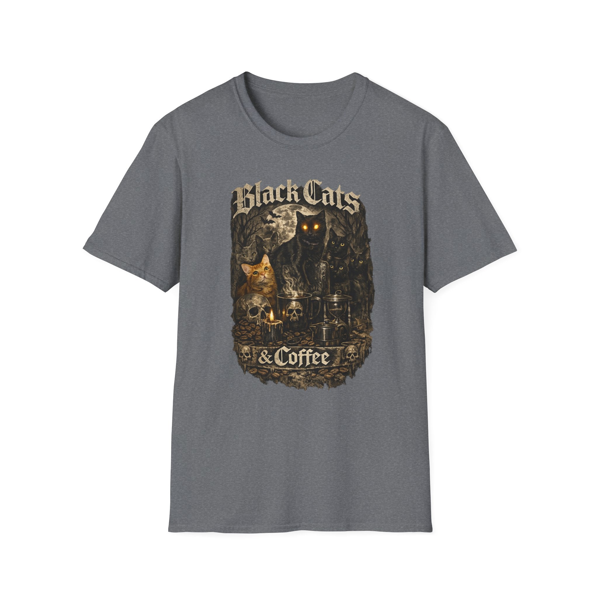 Black Cats & Coffee T-Shirt | Vintage Gothic Cat Illustration, Coffee Lover