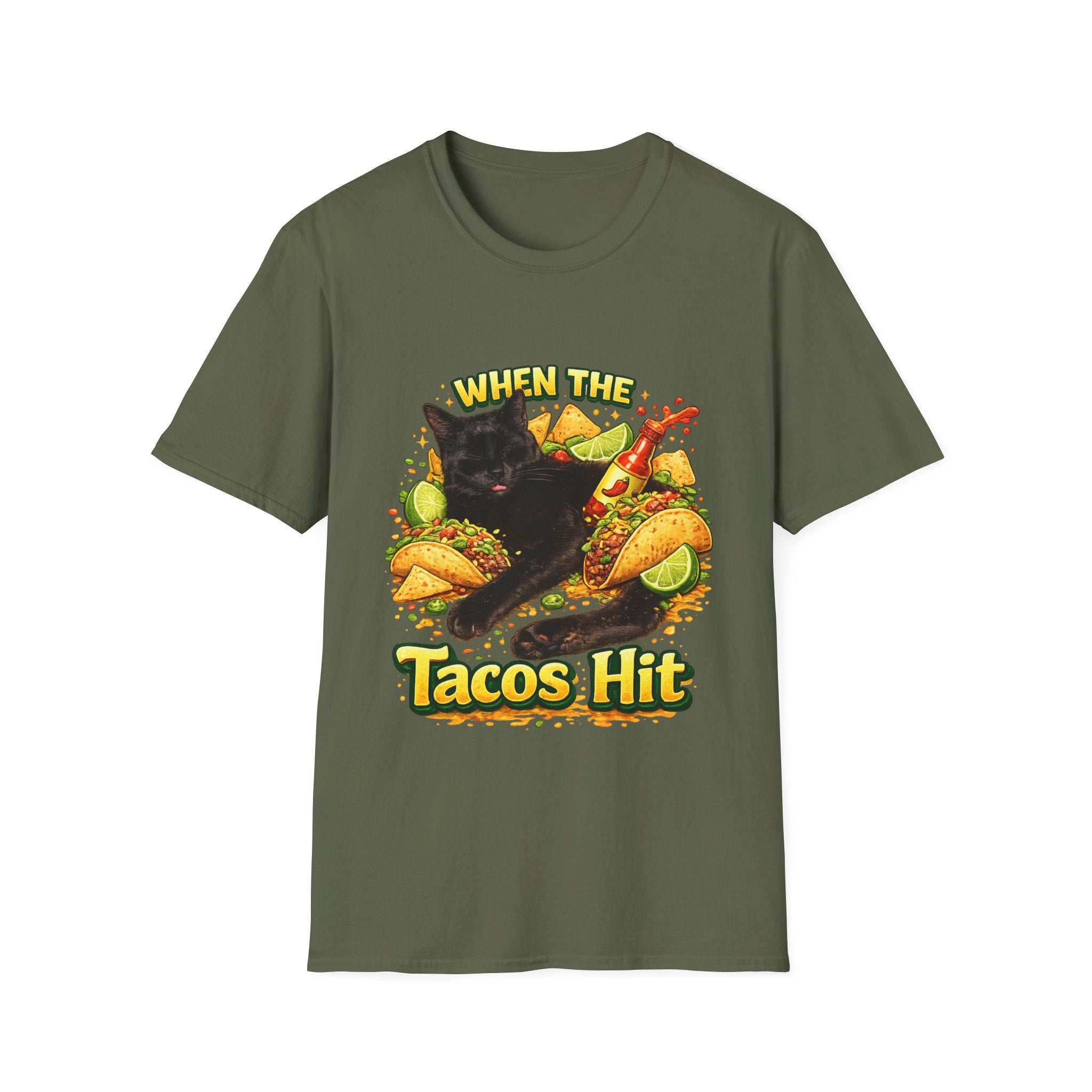 When The Tacos Hit T-Shirt | Cat, Tacos, Hot Sauce, Funny Food Graphic