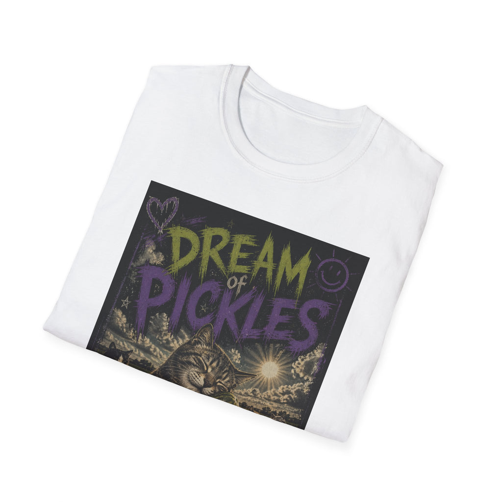 Dream of Pickles cat illustration T-Shirt | whimsical night scene, purple text