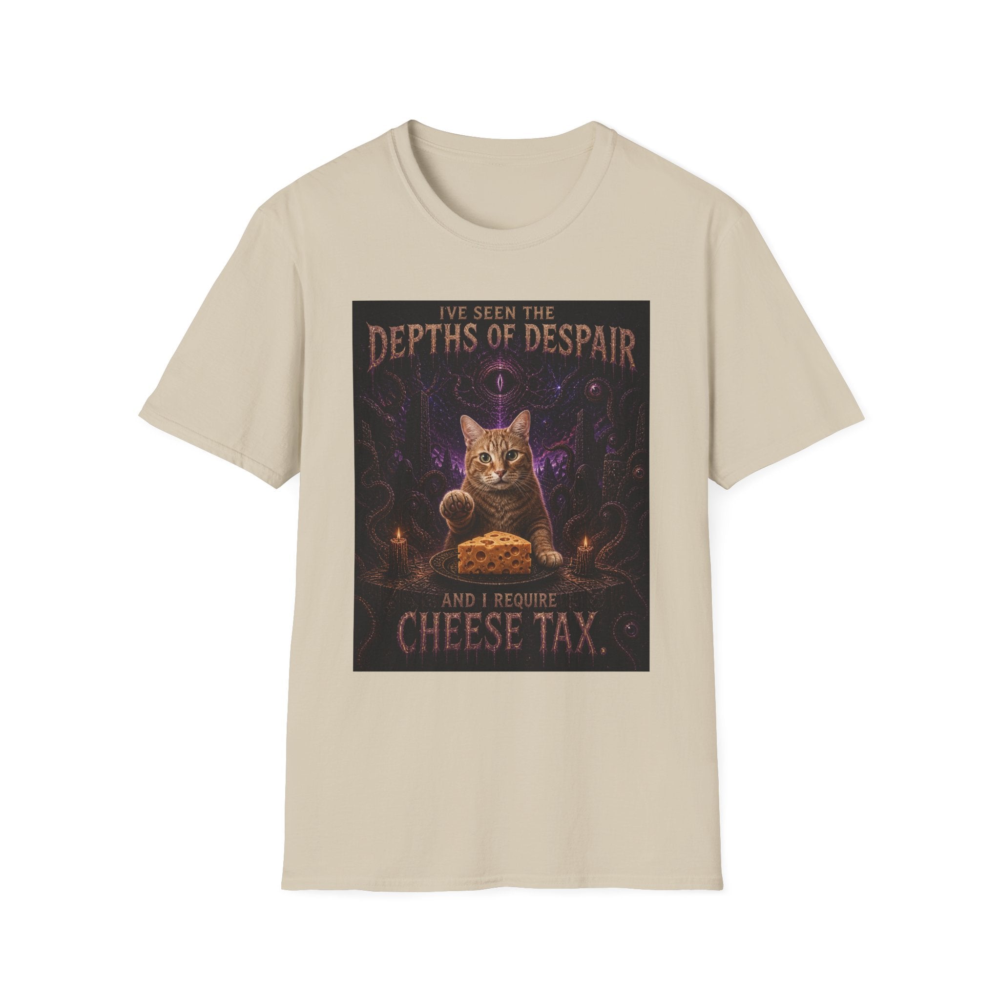 Depths of Despair Cat with Cheese, T-Shirt | Cat Illustration, Funny Quote