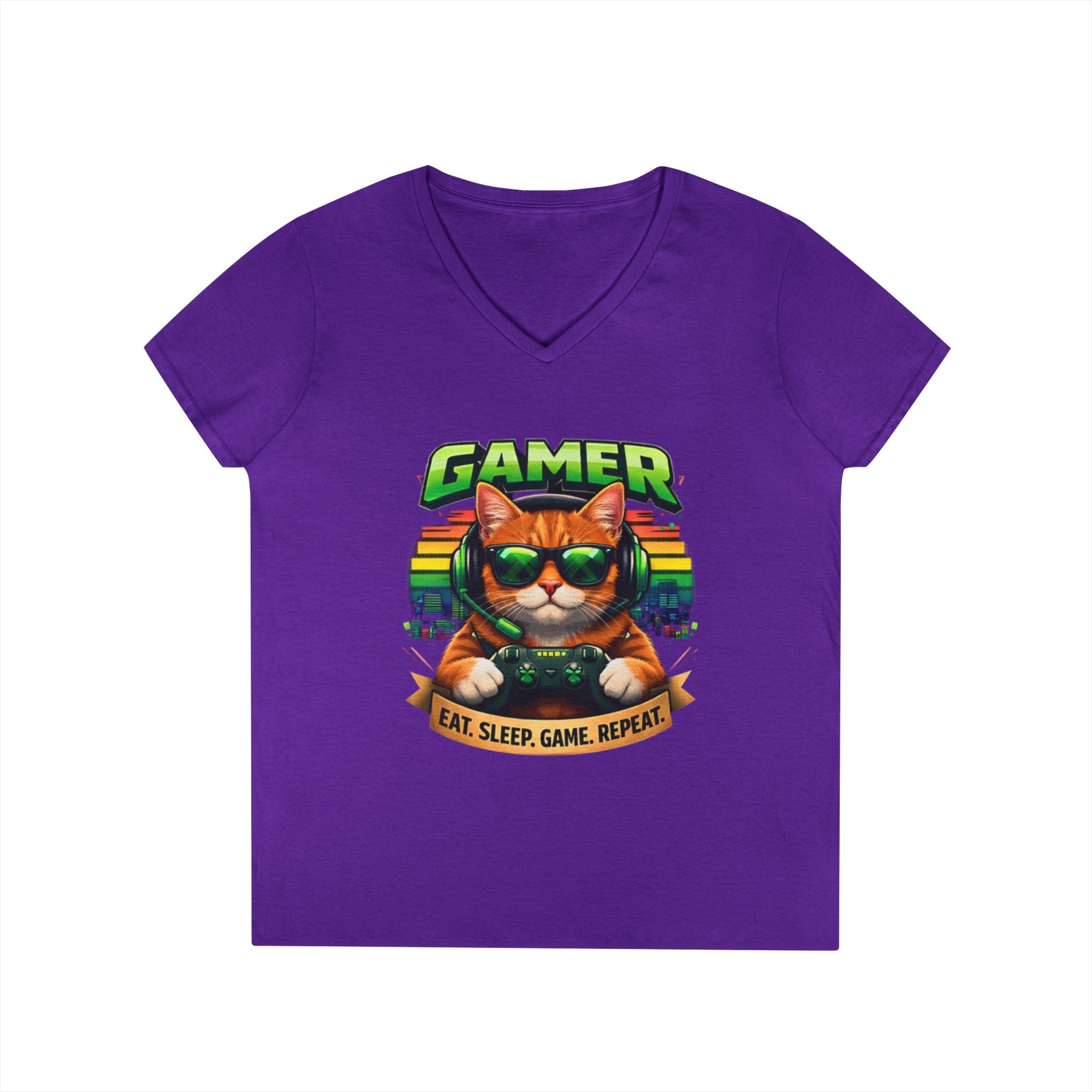 Gamer Cat Graphic Tee Ladies V-Neck T-Shirt | Retro Controller, Eat Sleep Game Repeat