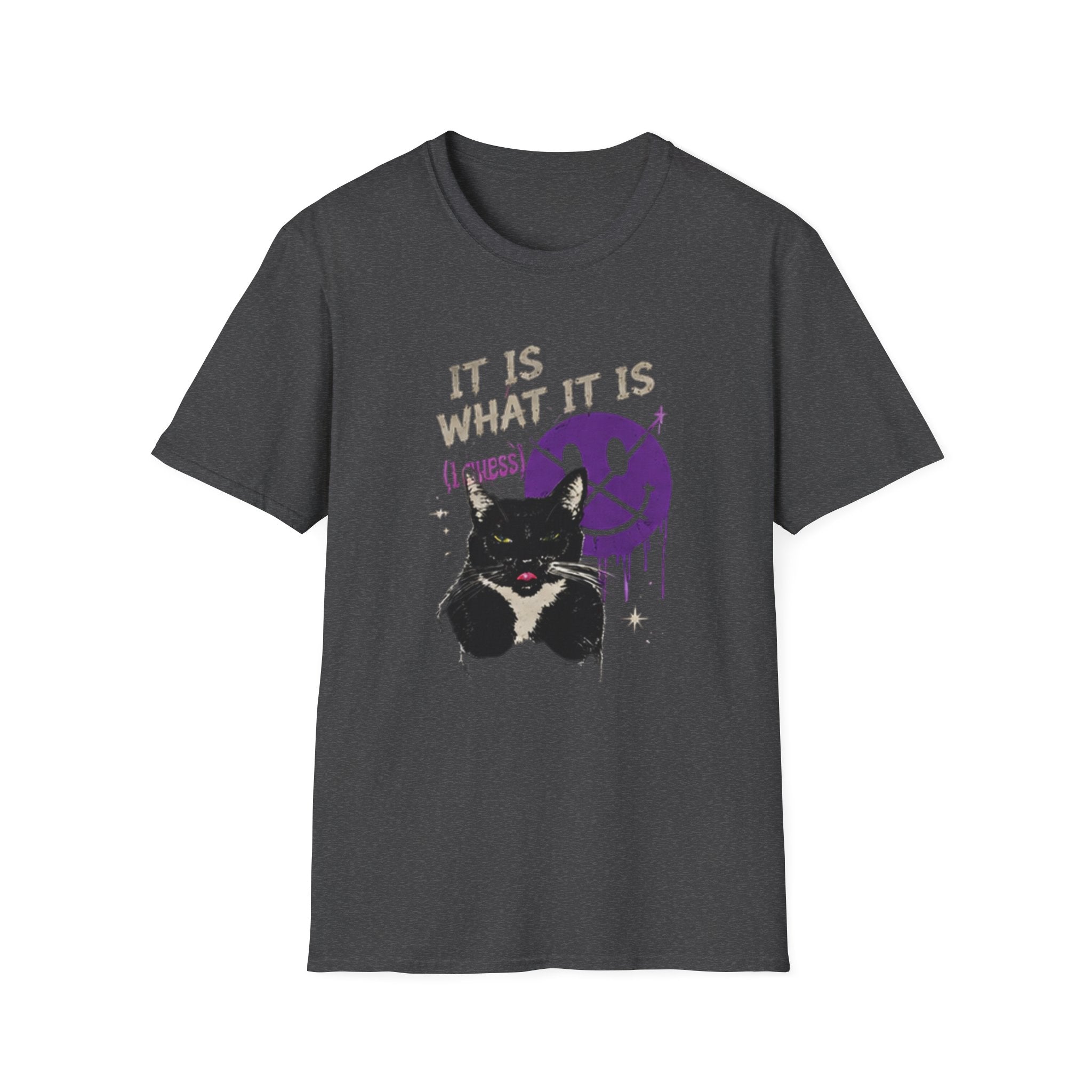 Grinning Black Cat with Purple Drip Smiley T-Shirt | It Is What It Is
