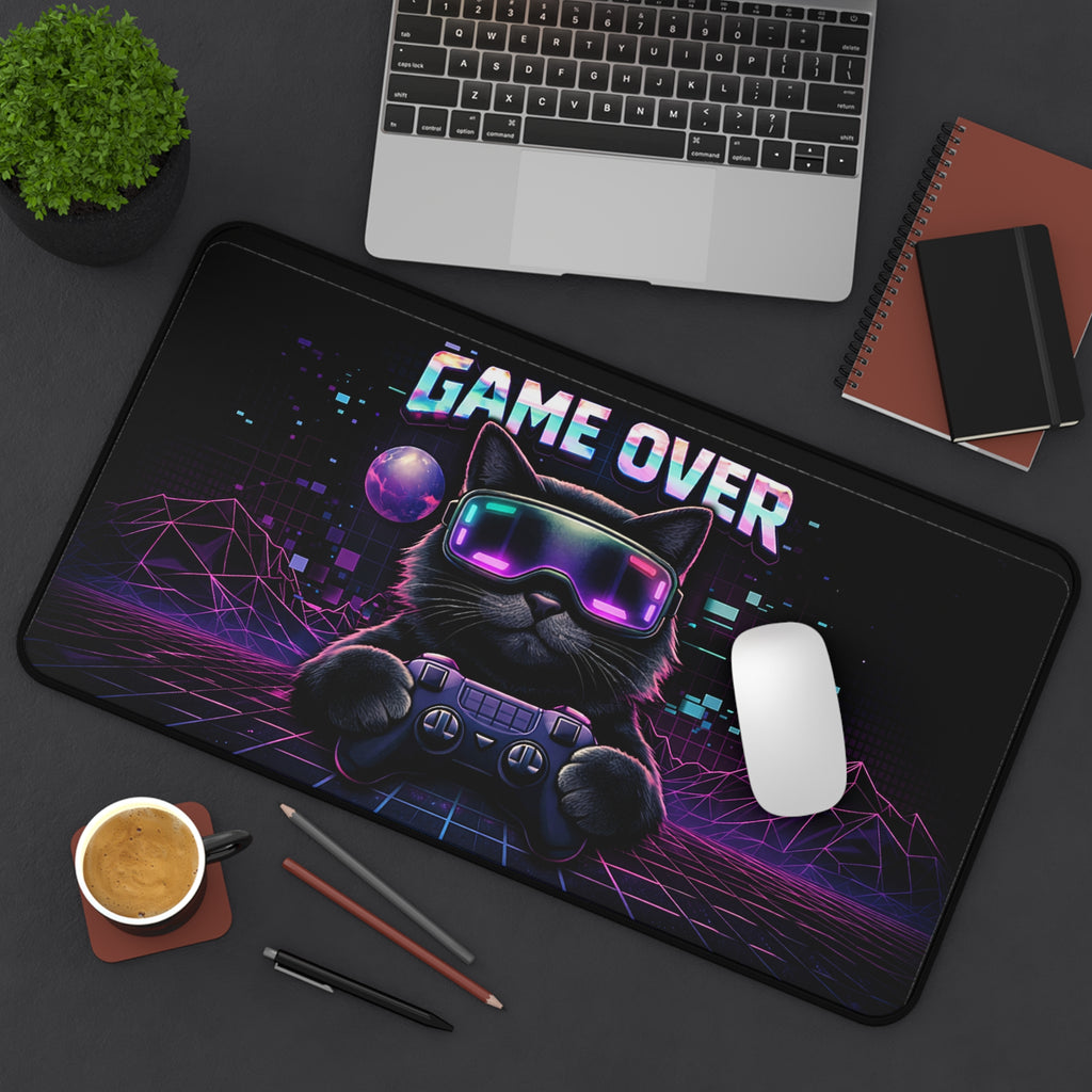 Game Over Retro Cyberpunk Cat Desk Mat | Gaming Mouse Pad