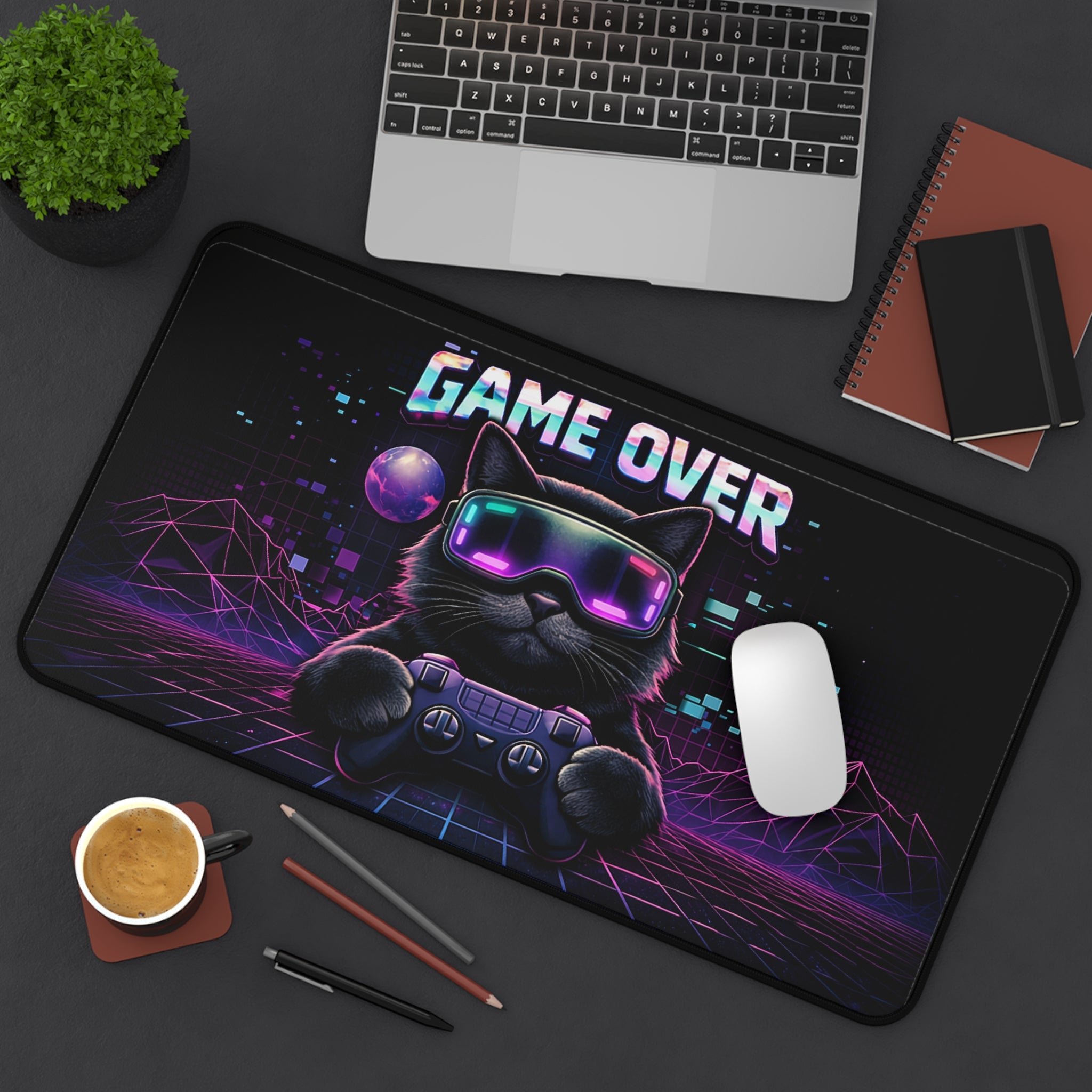 Game Over Retro Cyberpunk Cat Desk Mat | Gaming Mouse Pad