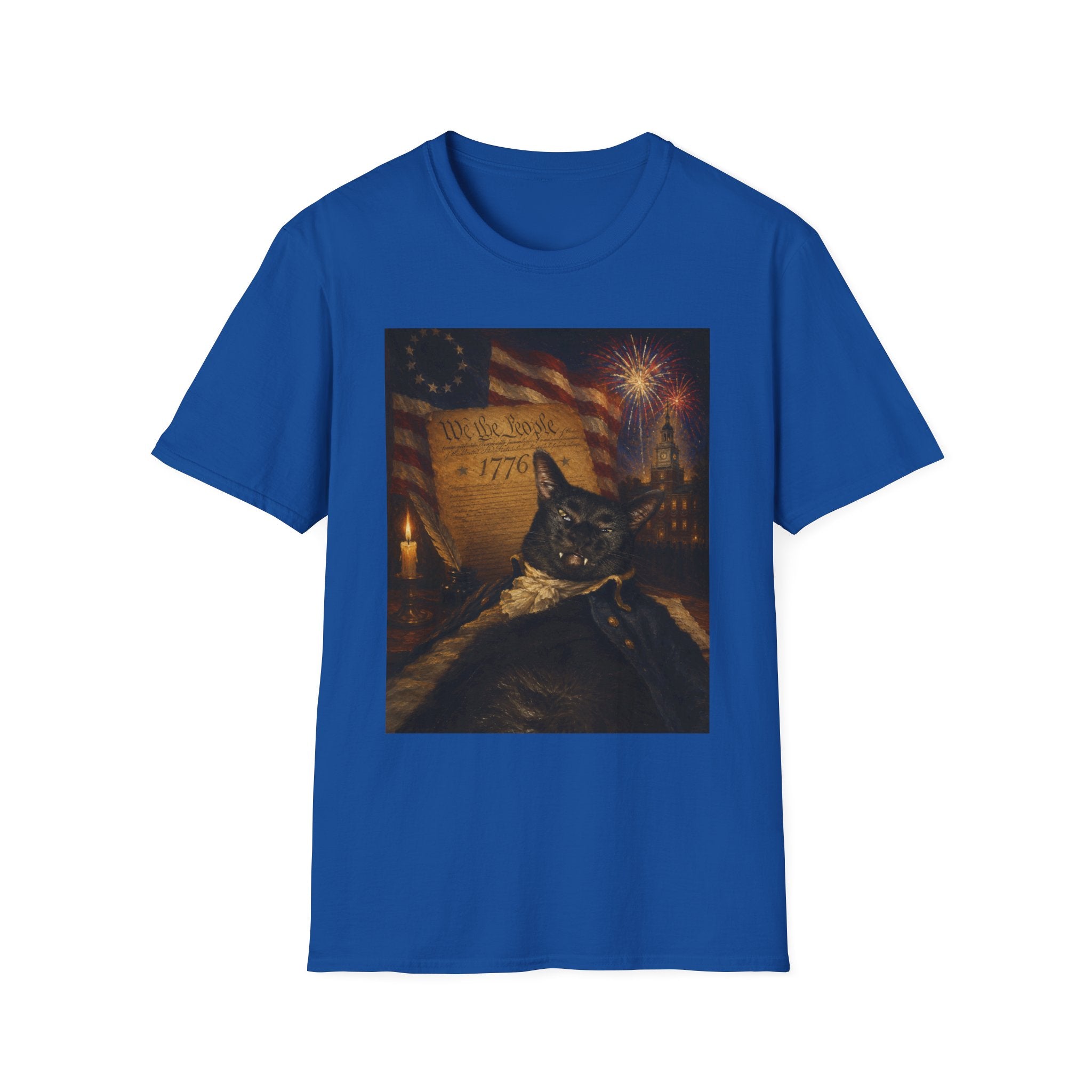 Liberty Cat 1776 T-Shirt | American Flag, Fireworks, Declaration of Independence Black Cat Fangs
