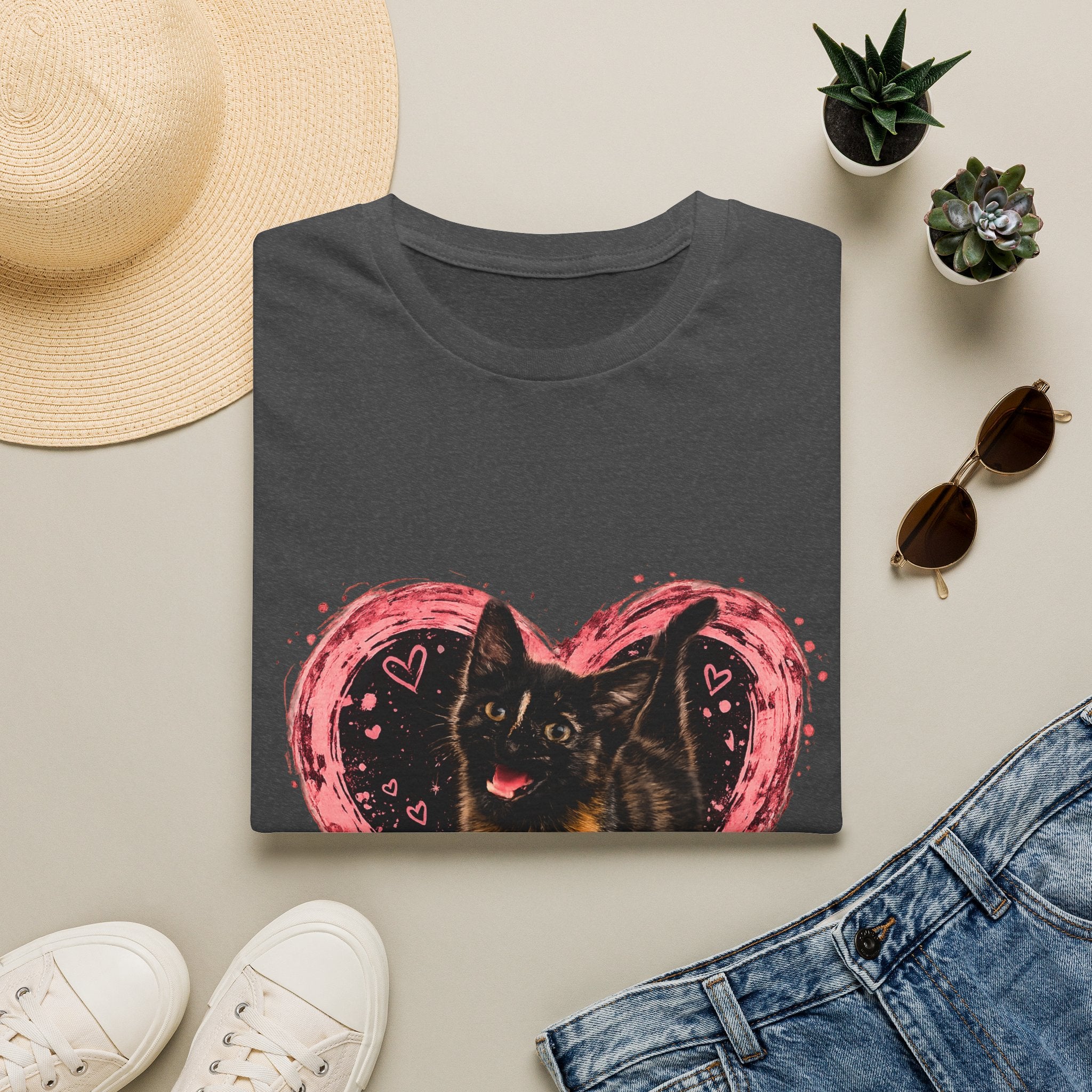 Black Cat in Pink Heart T-Shirt | Cute Cat Portrait Tee