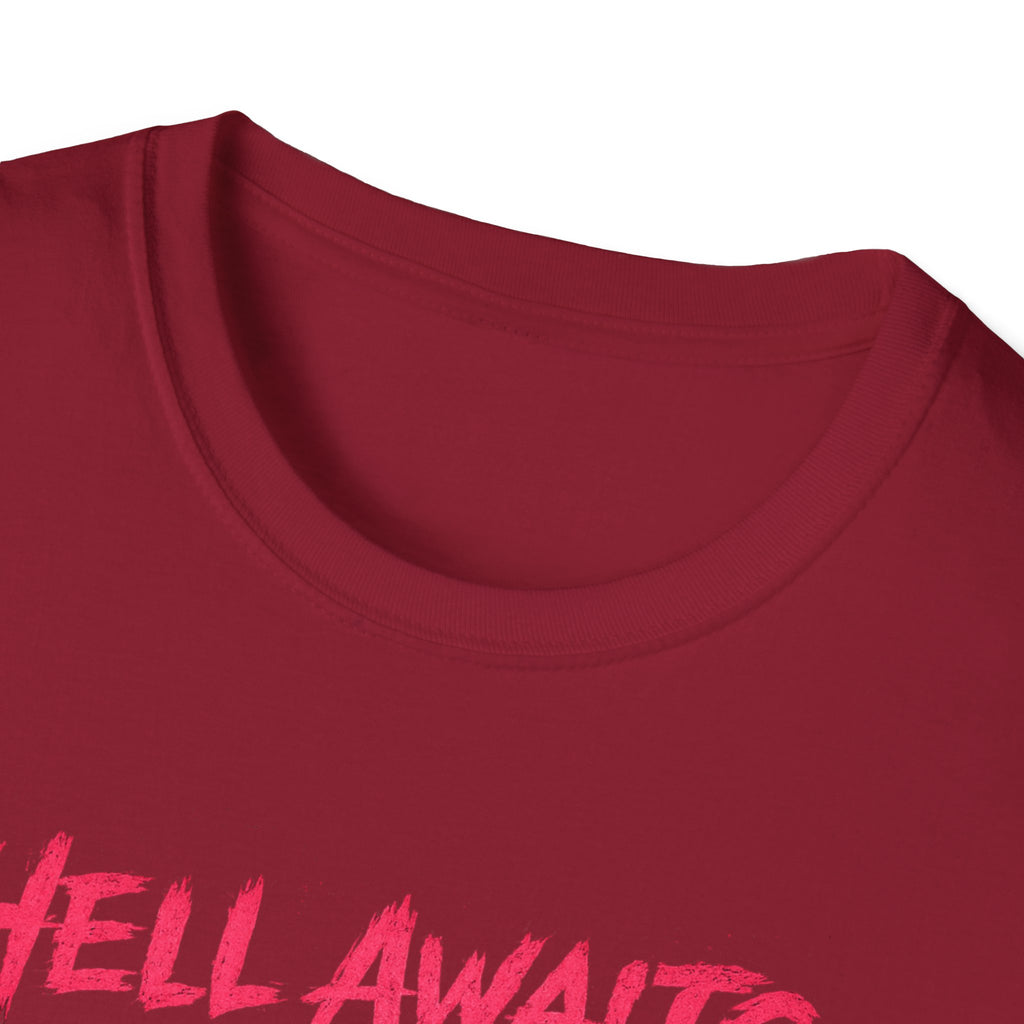 Hell Awaits I'm Coming cat graphic T-Shirt | Gothic moon, neon pink horror