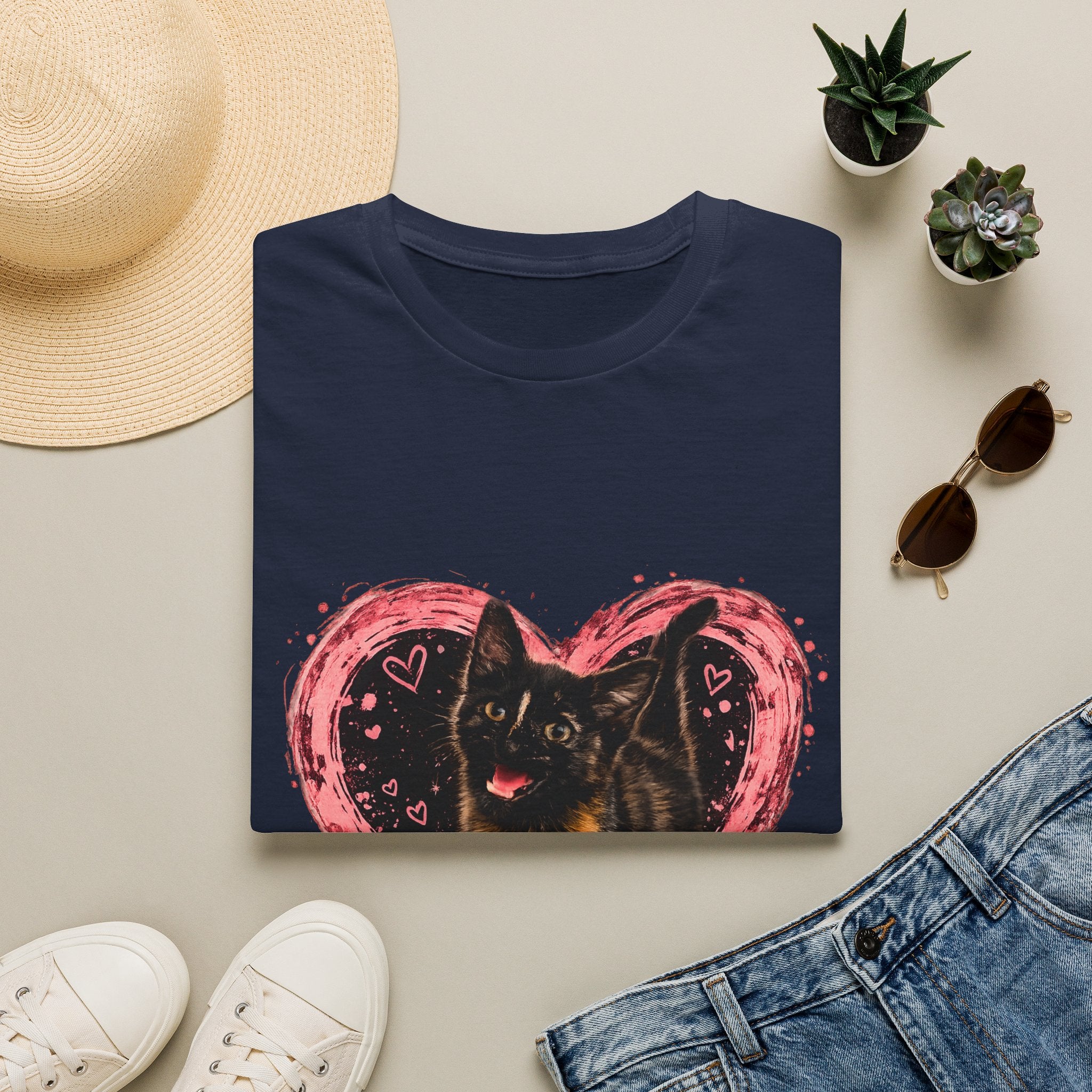 Black Cat in Pink Heart T-Shirt | Cute Cat Portrait Tee