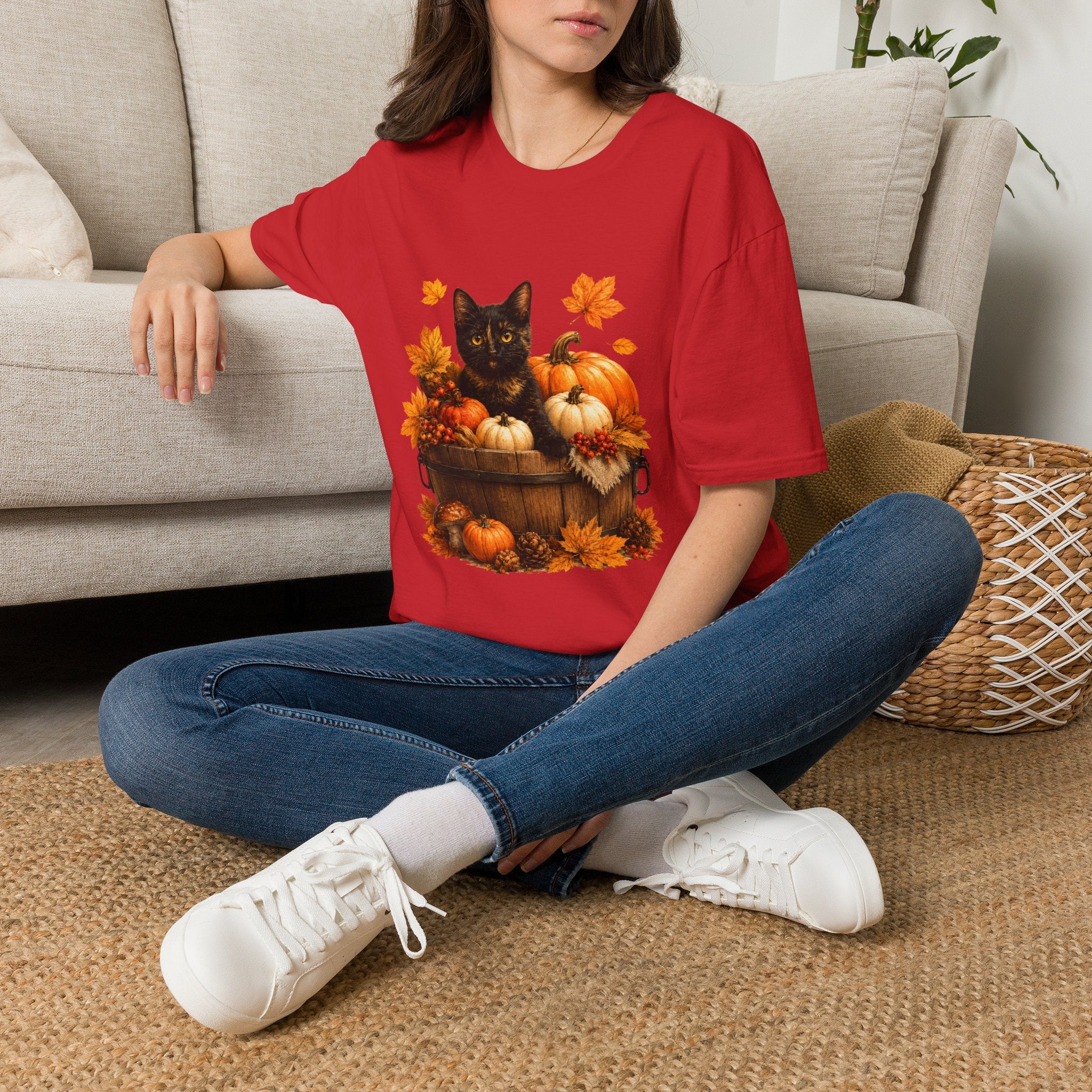 Black Kitten with Pumpkins T-Shirt | Autumn Fall Cat Pumpkin Shirt