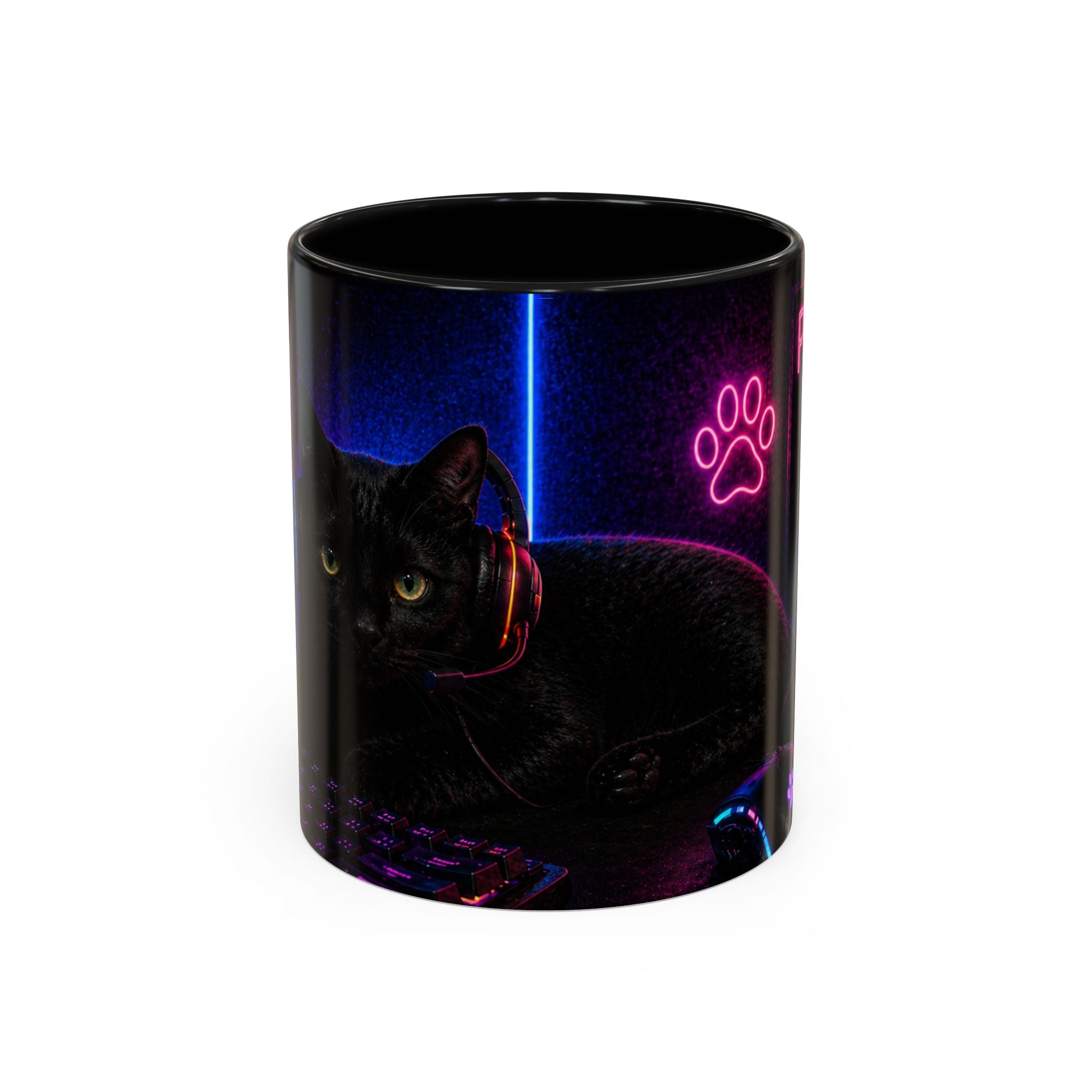PAWS Pause Snack Game Repeat Cat Coffee Mug | Neon Gaming Cat Mug
